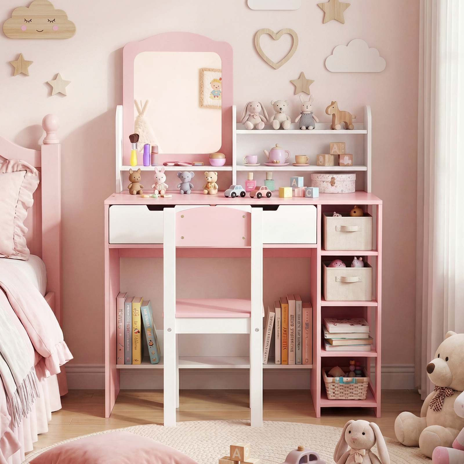 Schminktisch Kinder Frisiertisch mit Spiegel & Hocker Kosmetiktisch mit Regalen & 2 Schubladen Weiß