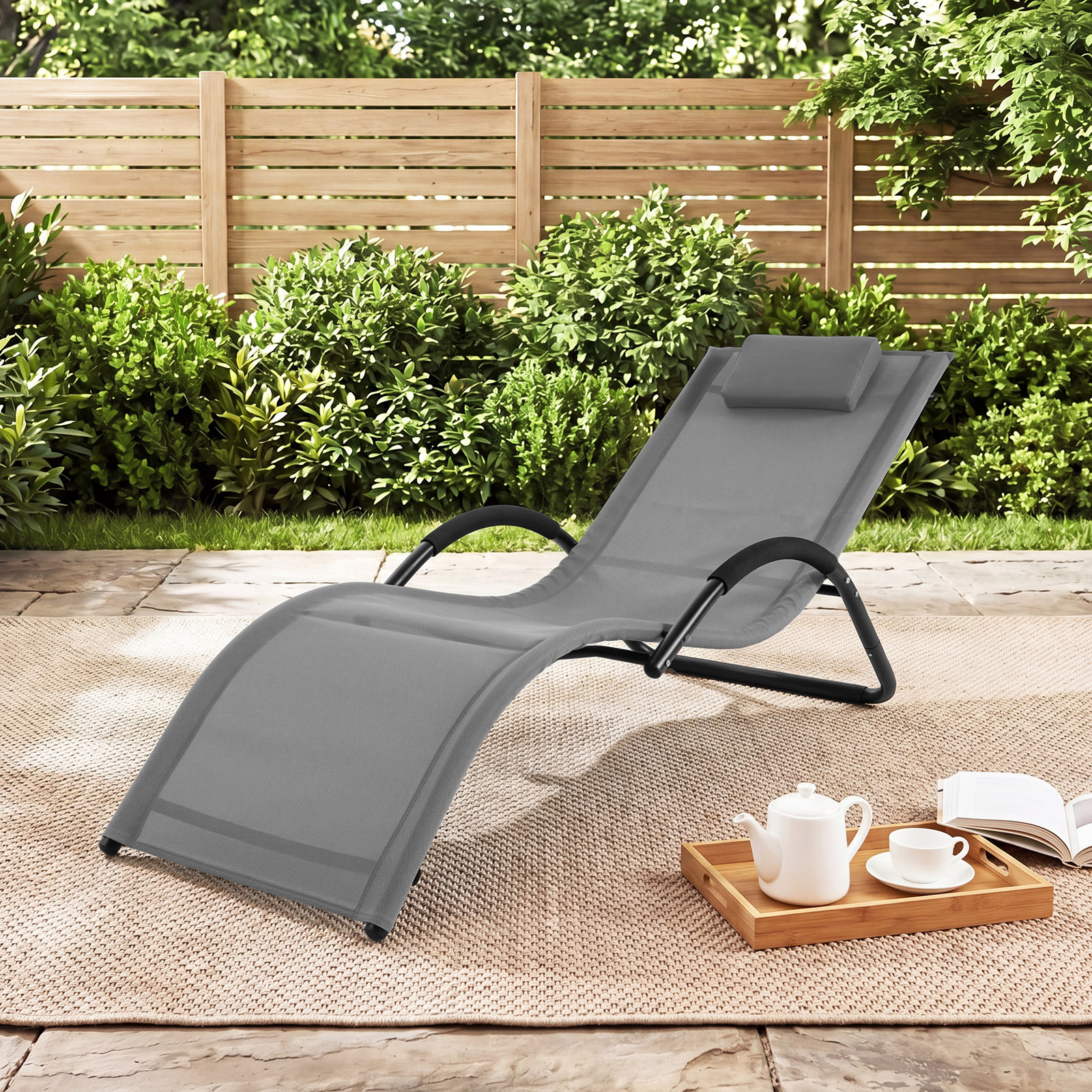Sonnenliege Ergonomisch Gartenliege mit Abnehmbarem Kopfkissen Liegestuhl bis 160 kg Belastbar Grau