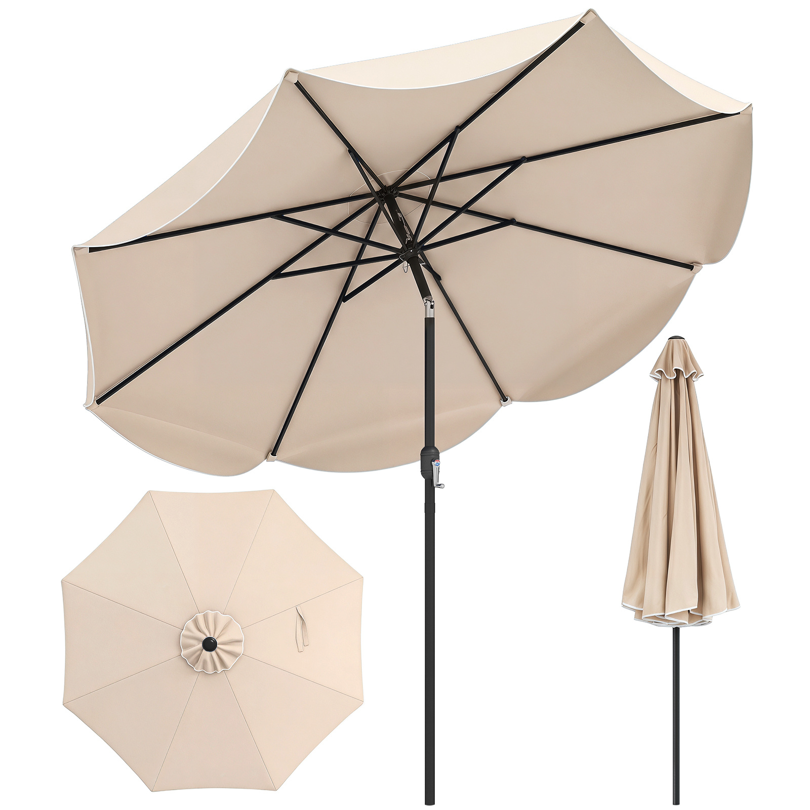 Sonnenschirm 270 cm Gartenschirm mit Kurbel & Neigefunktion Balkonschirm mit 8 Metallrippen Beige