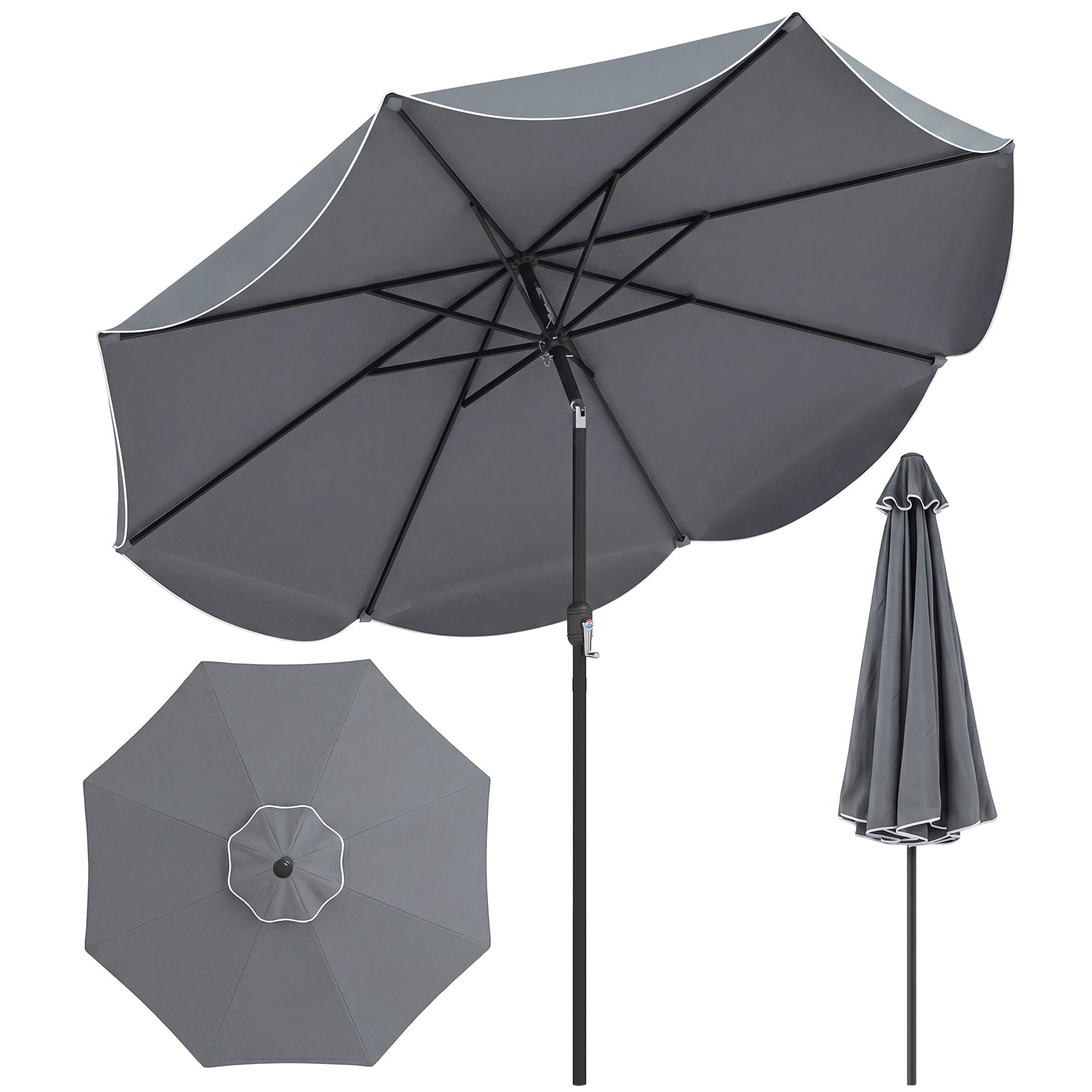 Sonnenschirm 270 cm Gartenschirm mit Kurbel & Neigefunktion Balkonschirm mit 8 Metallrippen Grau