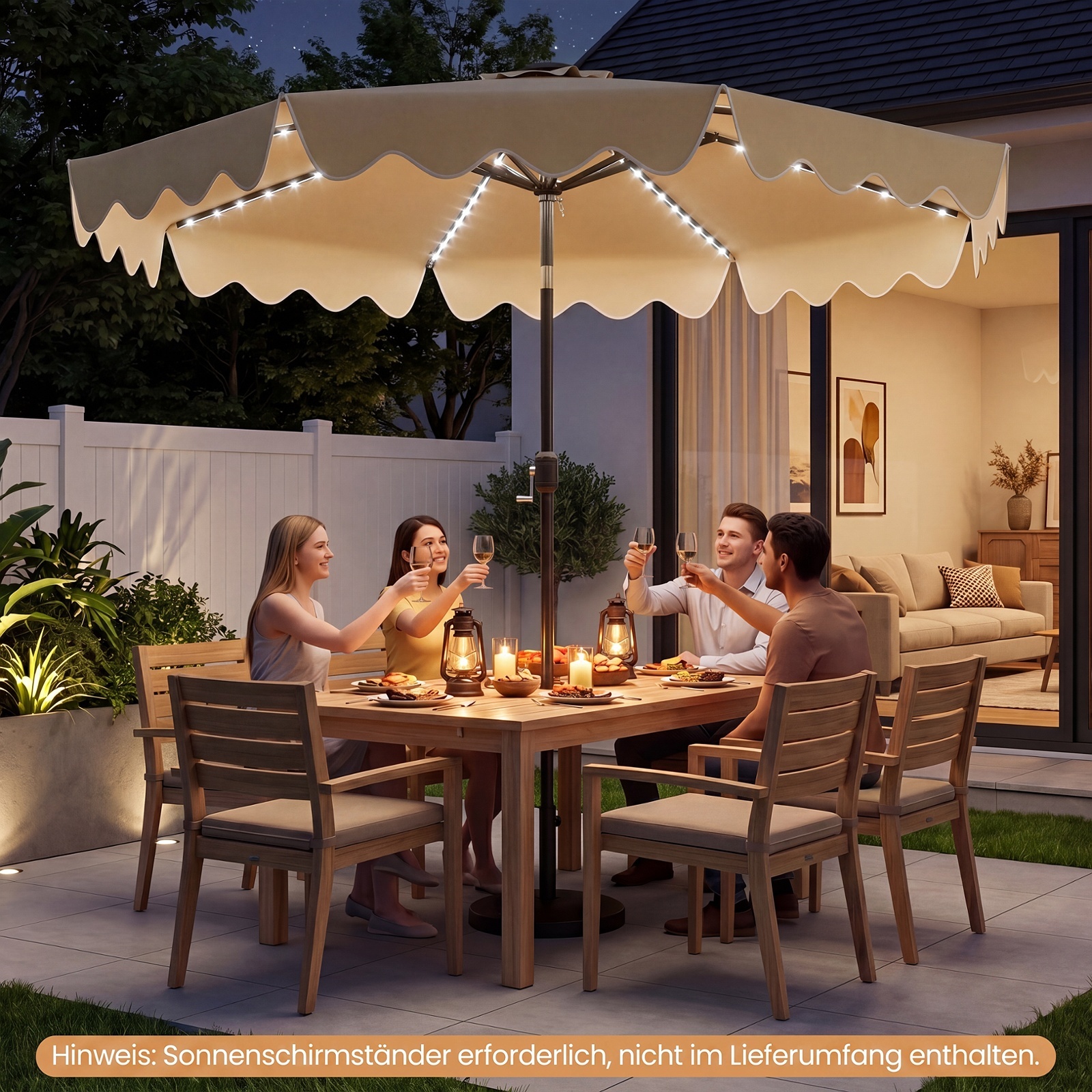 Sonnenschirm 270 cm mit Led-Solar-Beleuchtung Windfester Marktschirm mit 8 Rippen Beige
