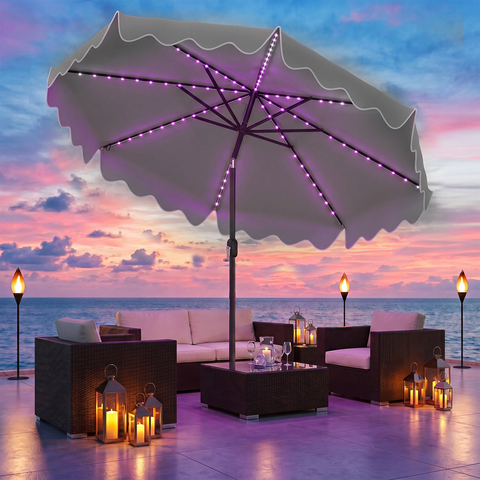 Sonnenschirm 270 cm mit Led-Solar-Beleuchtung Windfester Marktschirm mit 8 Rippen Grau