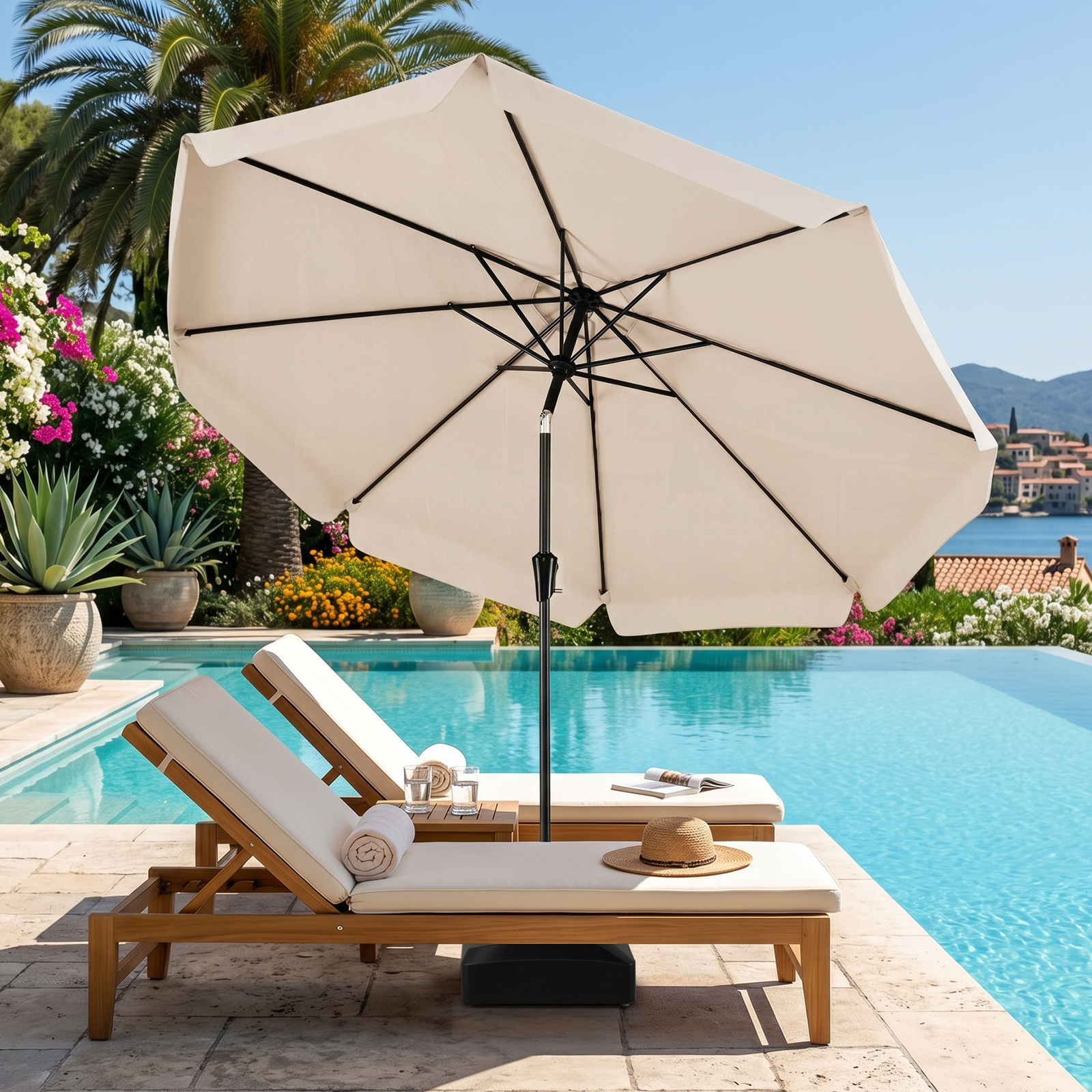 Sonnenschirm 300cm Neigbarer Gartenschirm mit Stabiler Metallstange 8 Streben Kurbel Beige