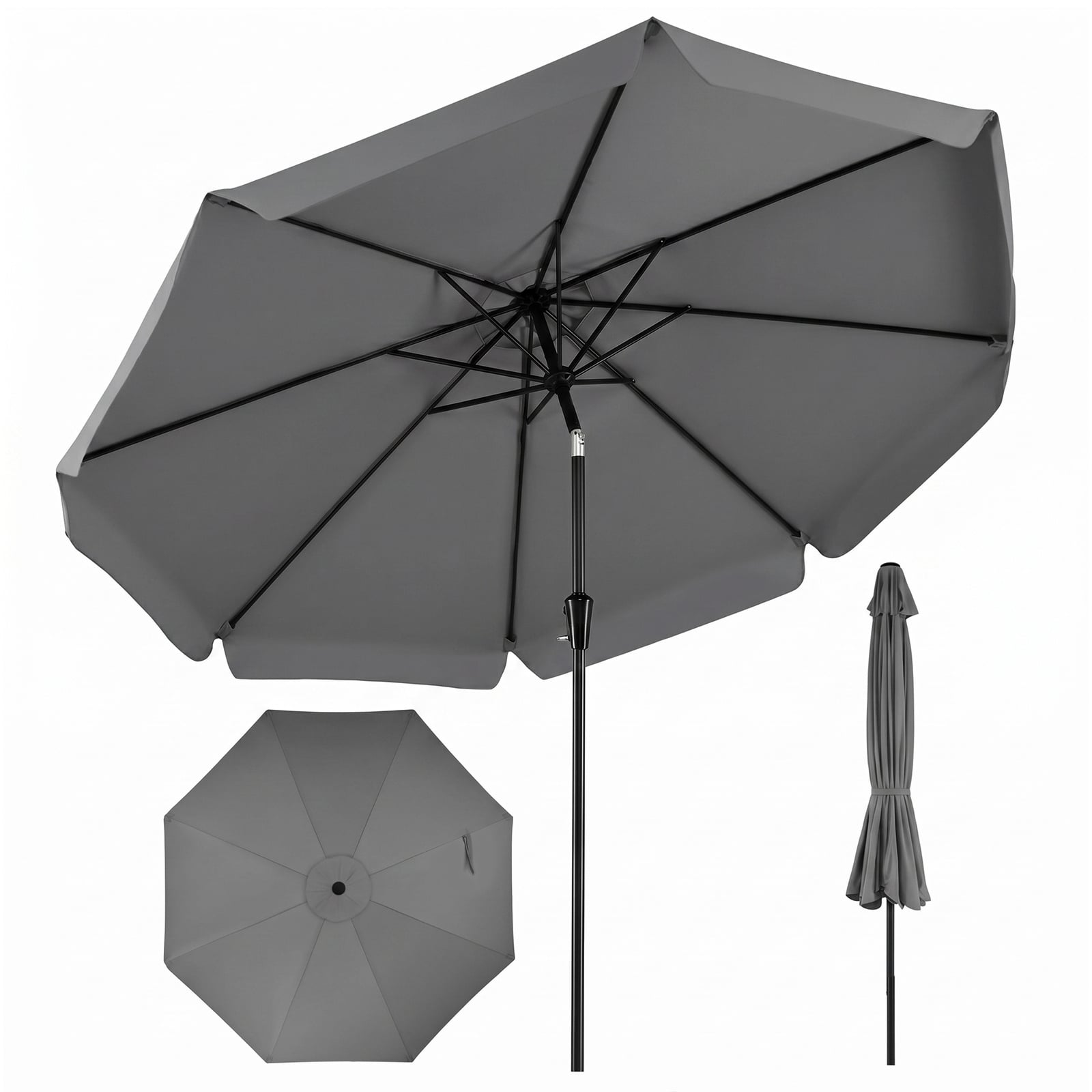 Sonnenschirm 300cm Neigbarer Gartenschirm mit Stabiler Metallstange 8 Streben Kurbel Grau