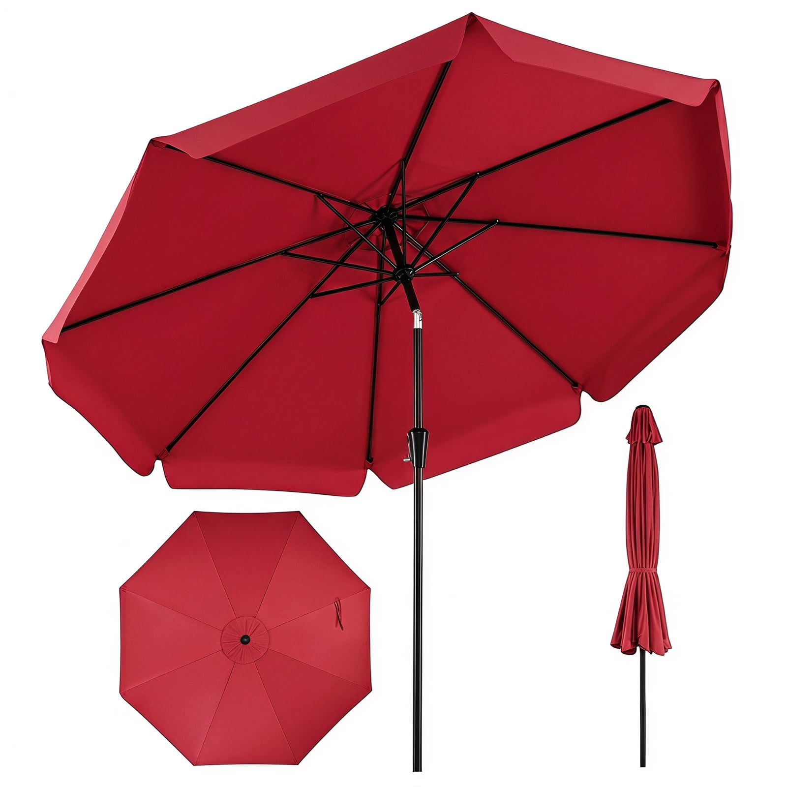 Sonnenschirm 300cm Neigbarer Gartenschirm mit Stabiler Metallstange 8 Streben Kurbel Weinrot