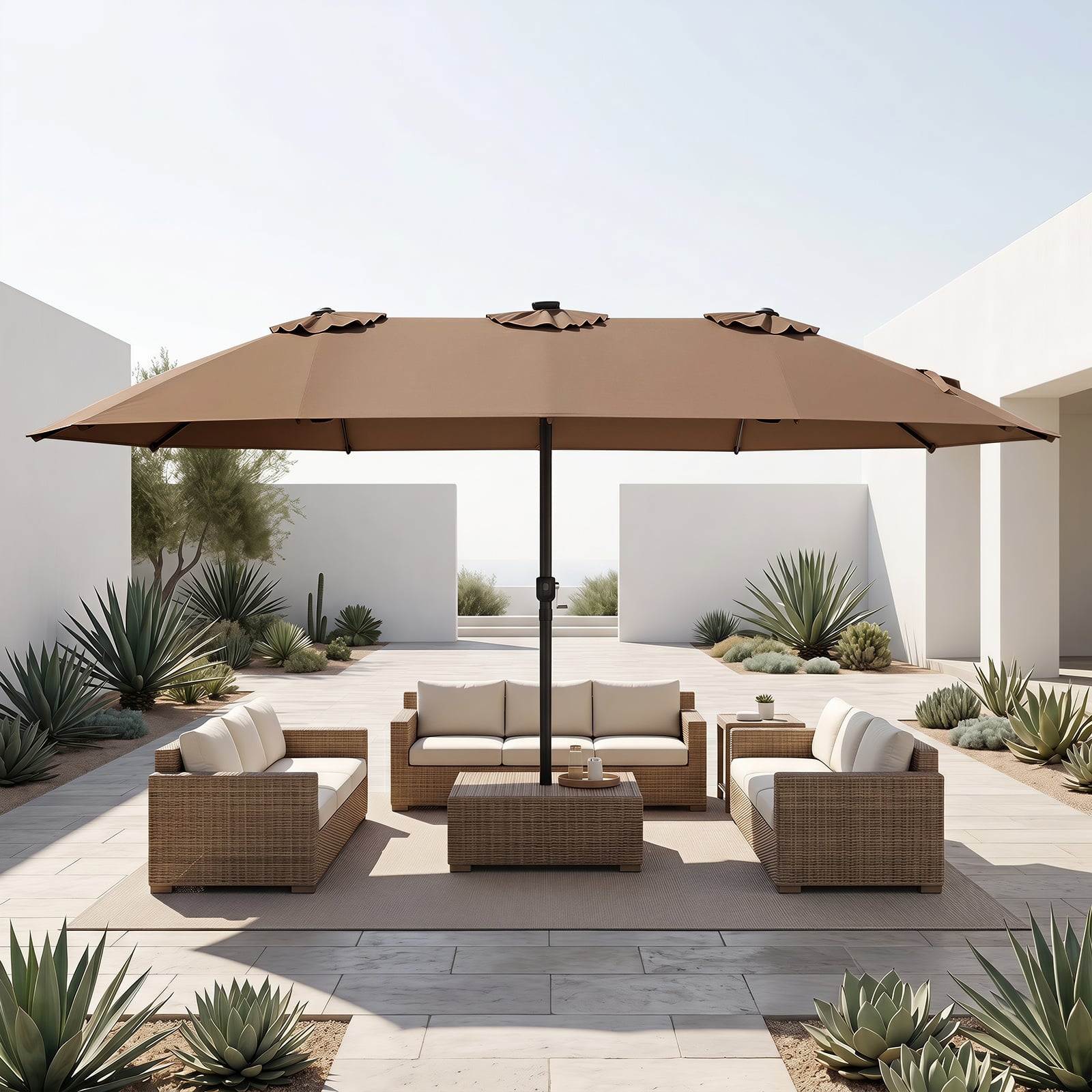 Sonnenschirm 4,5m Doppelseitiger Terrassenschirm mit Farbigen Solarleuchten Kurbelgriff Khaki