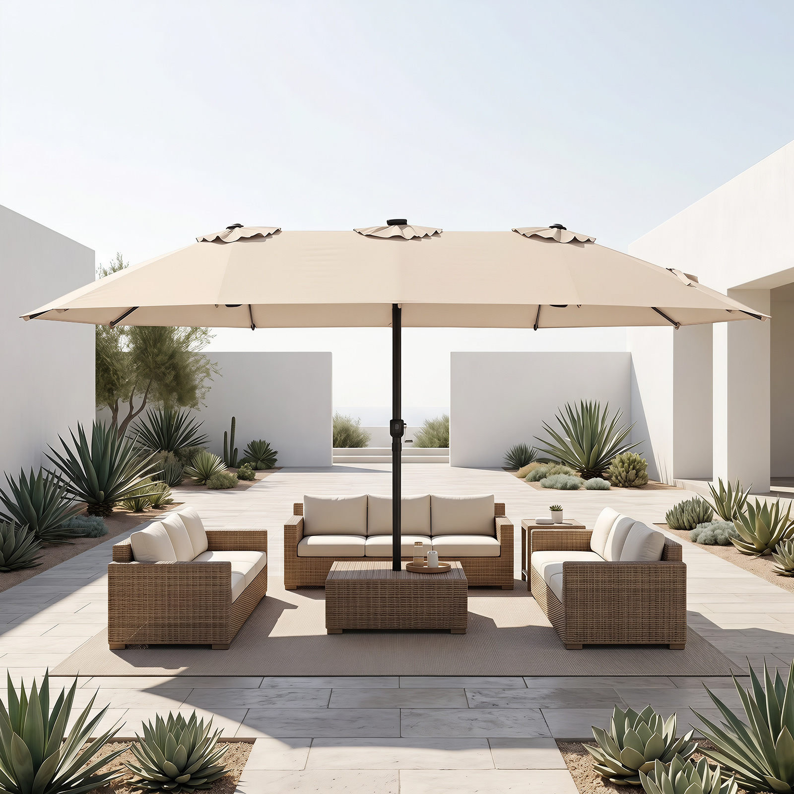 Sonnenschirm 4,5m Doppelseitiger Terrassenschirm mit Ständer & Farbigen Solarleuchten Beige