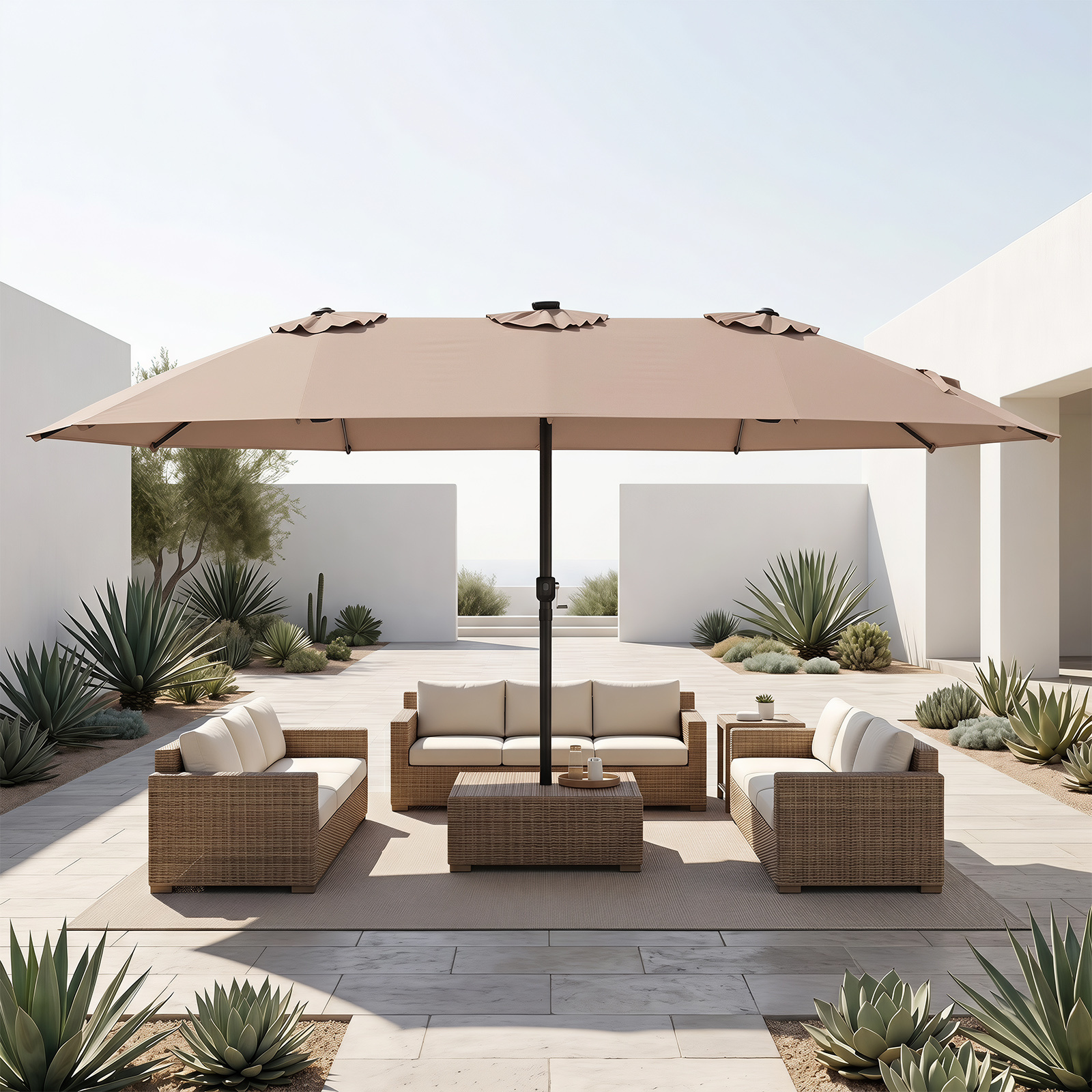 Sonnenschirm 4,5m Doppelseitiger Terrassenschirm mit Ständer & Farbigen Solarleuchten Khaki