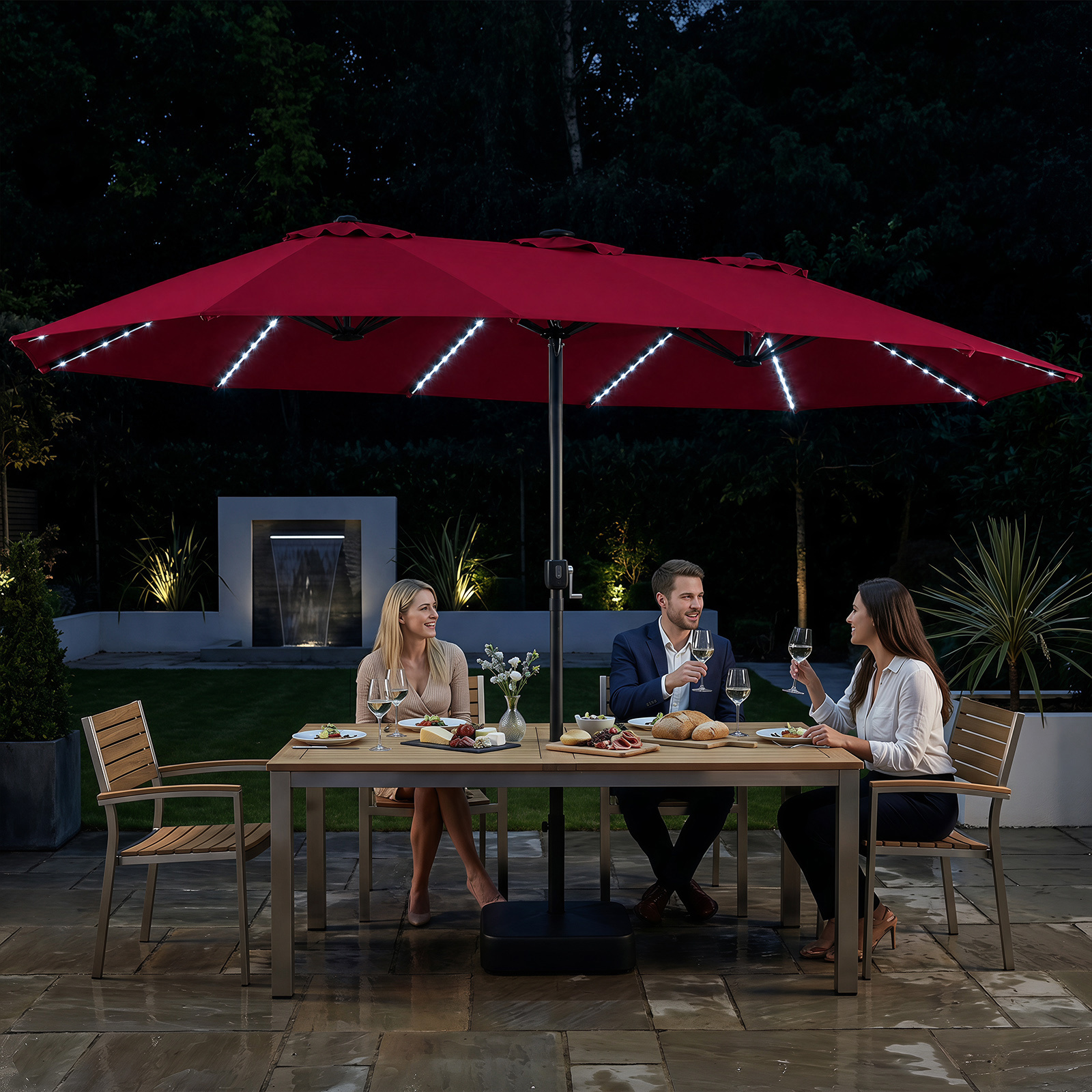 Sonnenschirm 4,5m Doppelseitiger Terrassenschirm mit Ständer & Farbigen Solarleuchten Weinrot