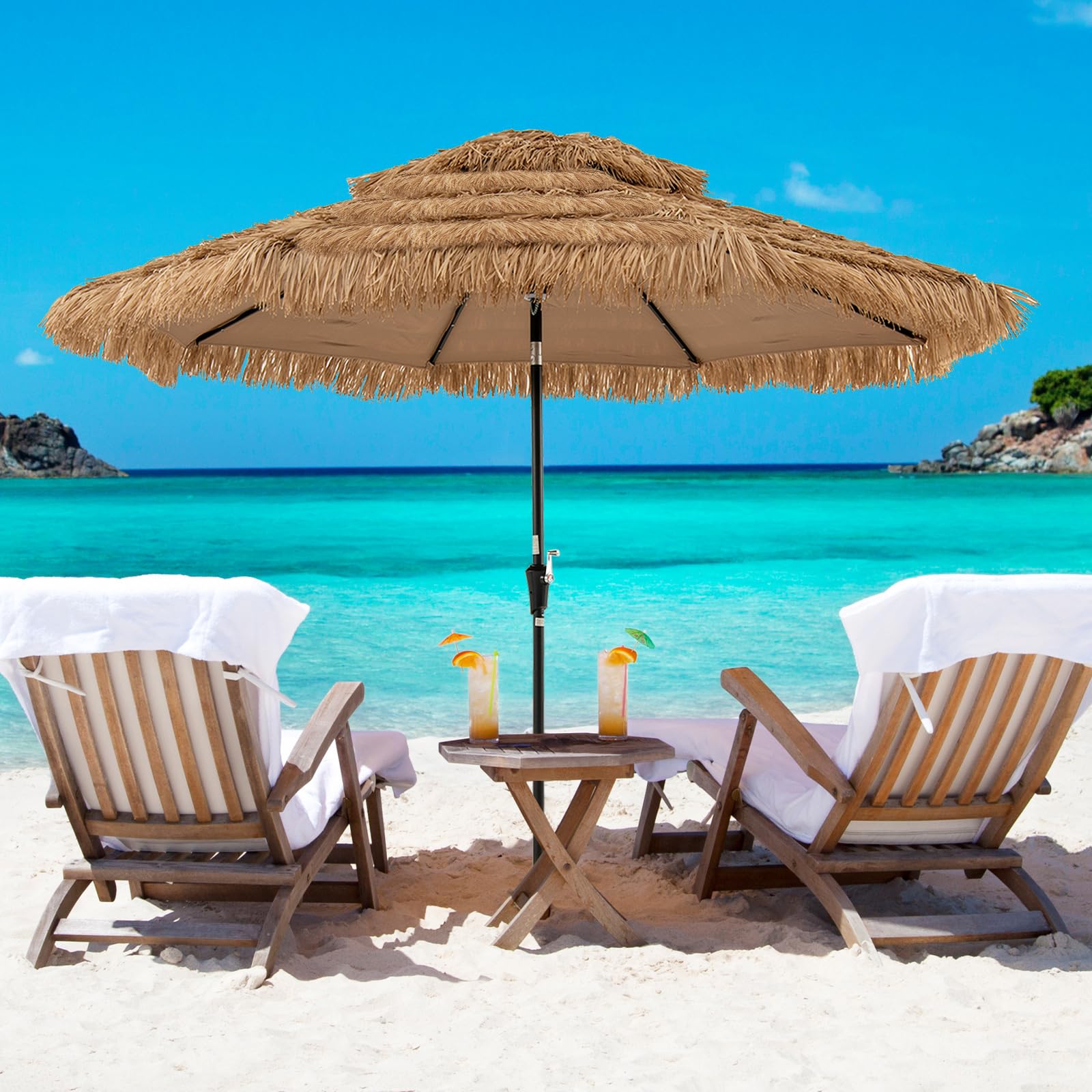 Hawaii Sonnenschirm 300 cm mit 32 LED Beleuchtung Reisstroh Strandschirm mit Neigungsfunktion