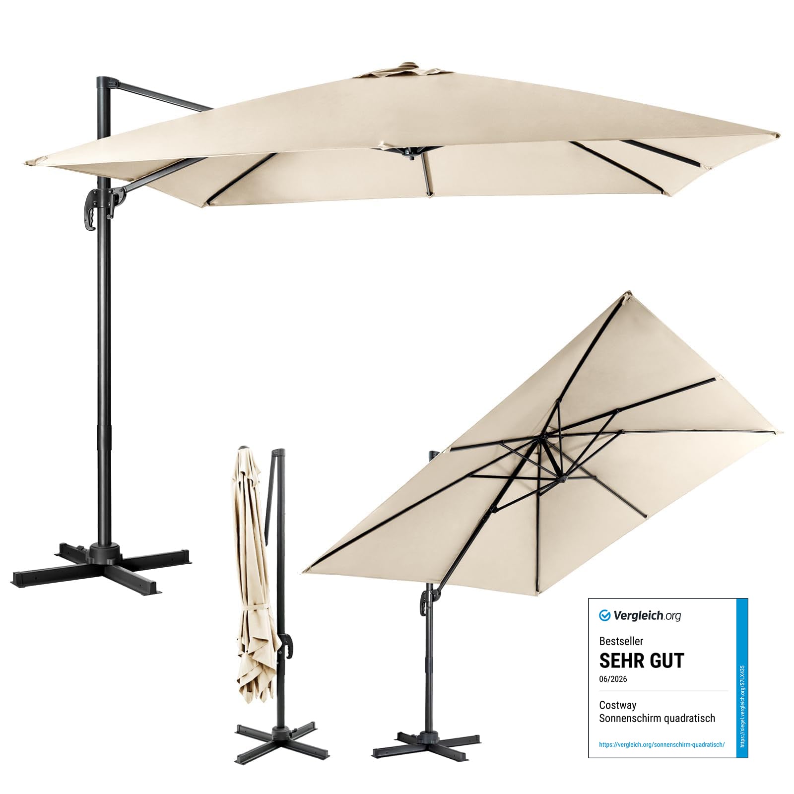 Sonnenschirm mit 3 Neigungseinstellungen für Gärten Terrassen Cafés 300 x 300 x 273 cm Beige