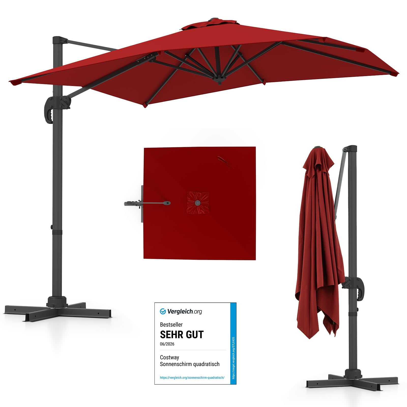 Sonnenschirm rechteckig 250 x 250 cm großer Ampelschirm mit Kurbel Rot