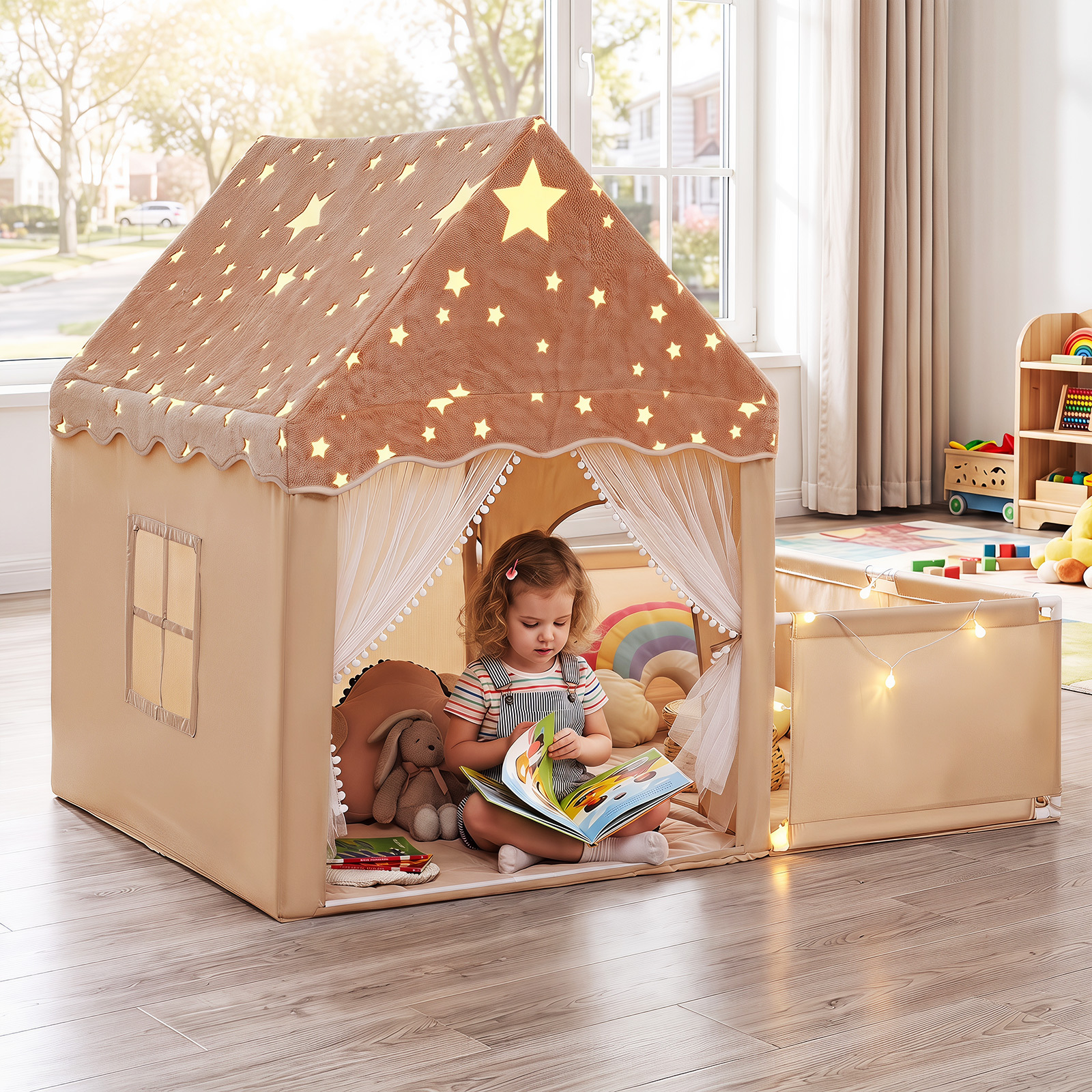 Spielzelt 2 in 1 Kinderzelt im Dunkel Leuchtend mit Laufstall Spielhaus mit Matte & Fenster Beige