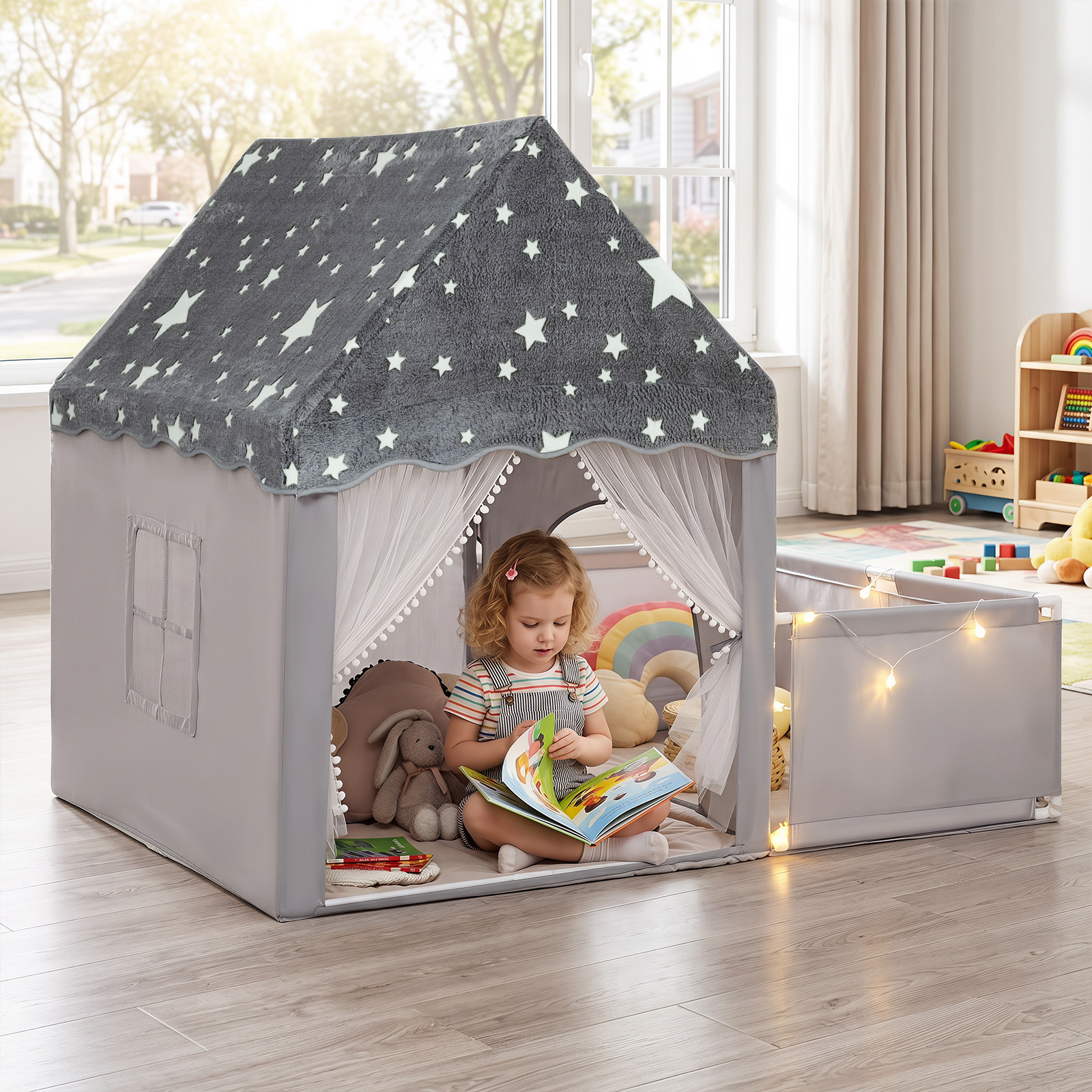 Spielzelt 2 in 1 Kinderzelt im Dunkel Leuchtend mit Laufstall Spielhaus mit Matte & Fenster Grau