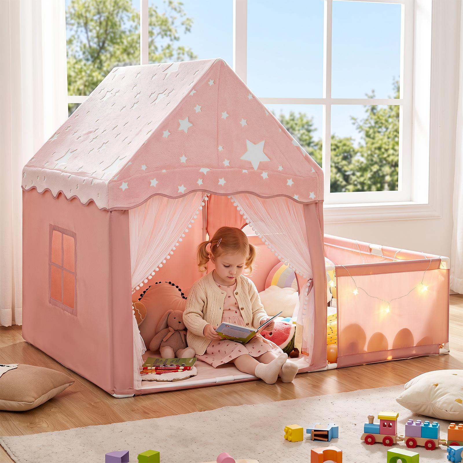 Spielzelt 2 in 1 Kinderzelt im Dunkel Leuchtend mit Laufstall Spielhaus mit Matte & Fenster Rosa