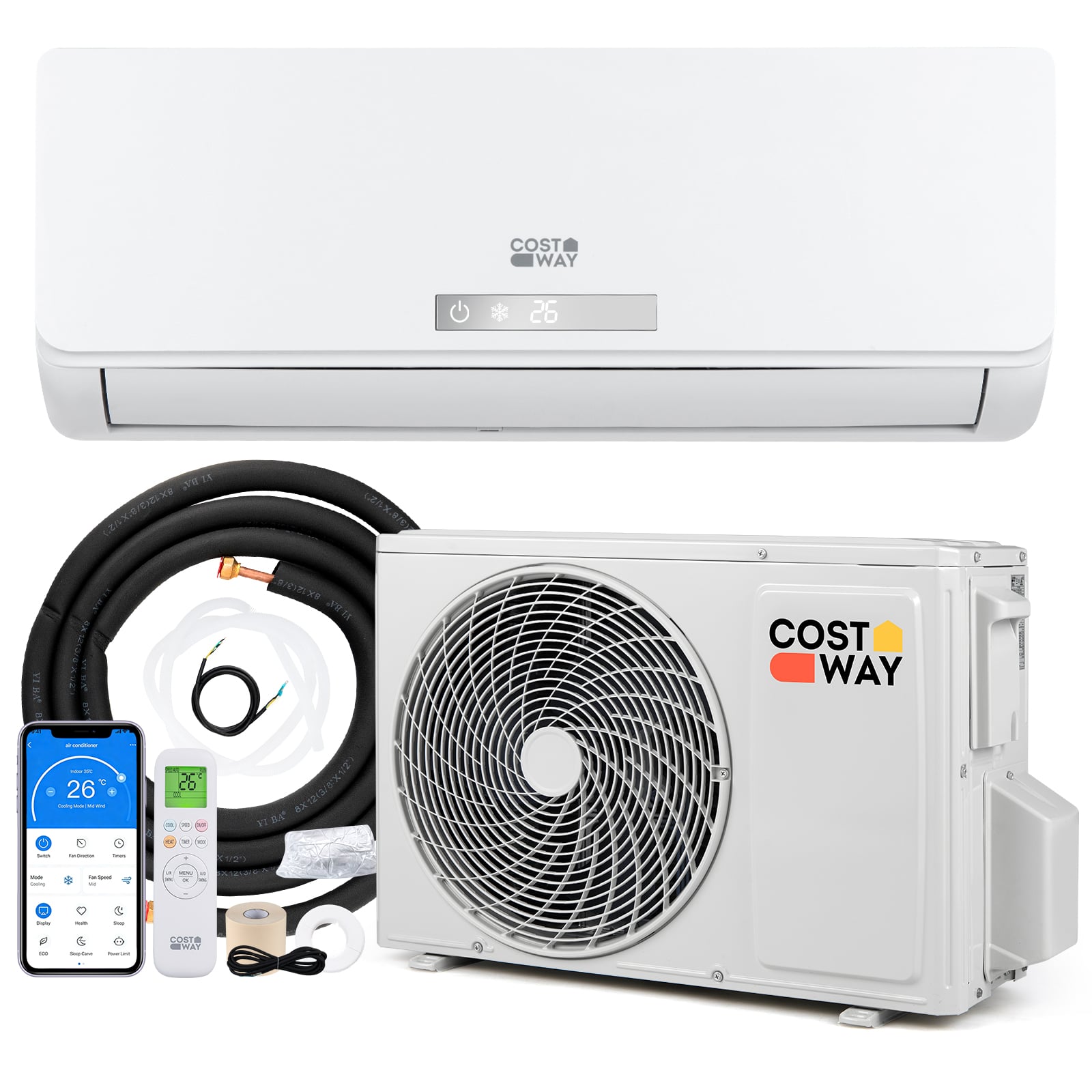Split Klimaanlage 12000BTU (3,4 kW) mit Heizfunktion Klimasplittgeräte leise mit Kältemittel R32 & Montagematerial