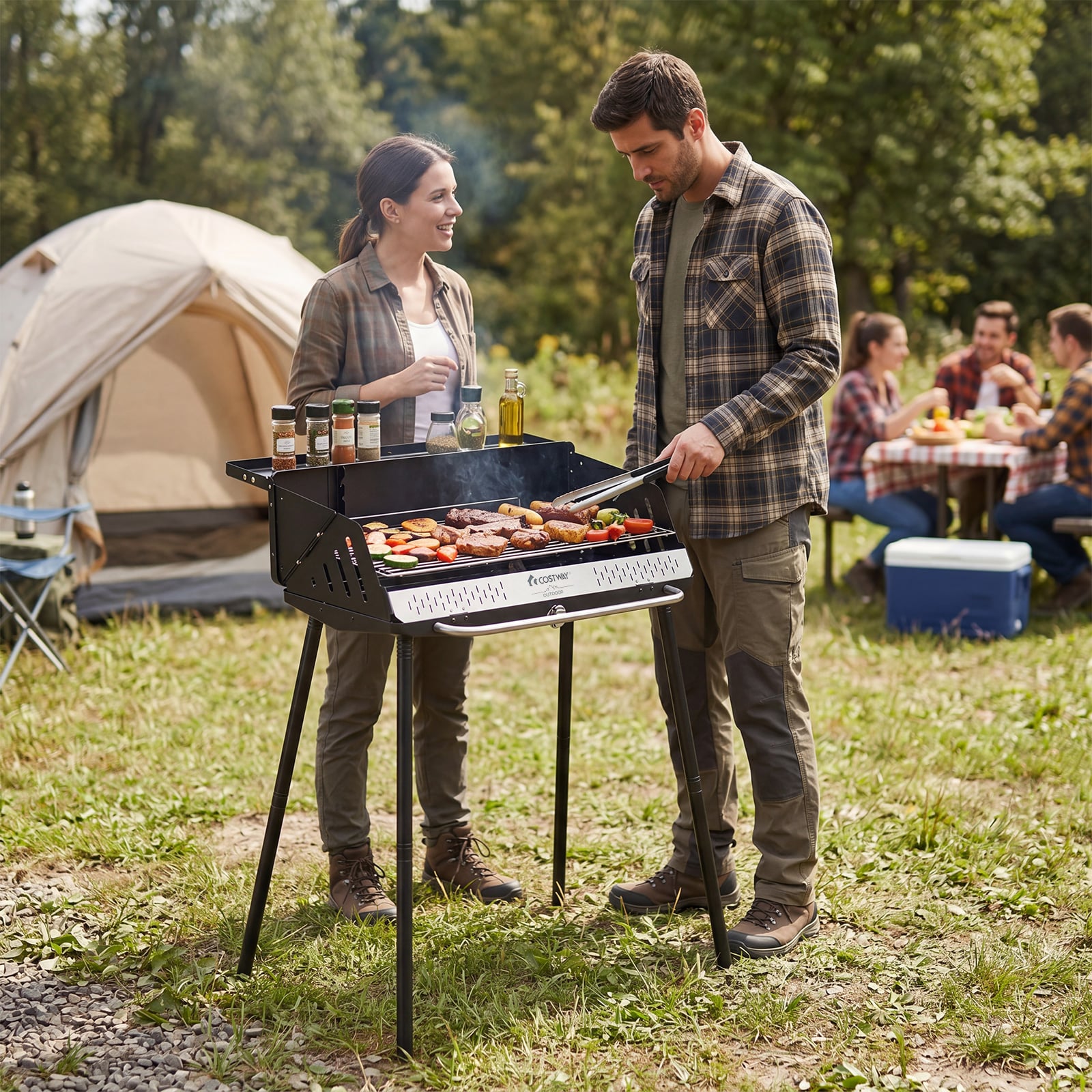 Tragbarer Holzkohlegrill 3-fach Höhenverstellbarer Campinggrill mit 2-Stufiger Grillrost Metallgestell