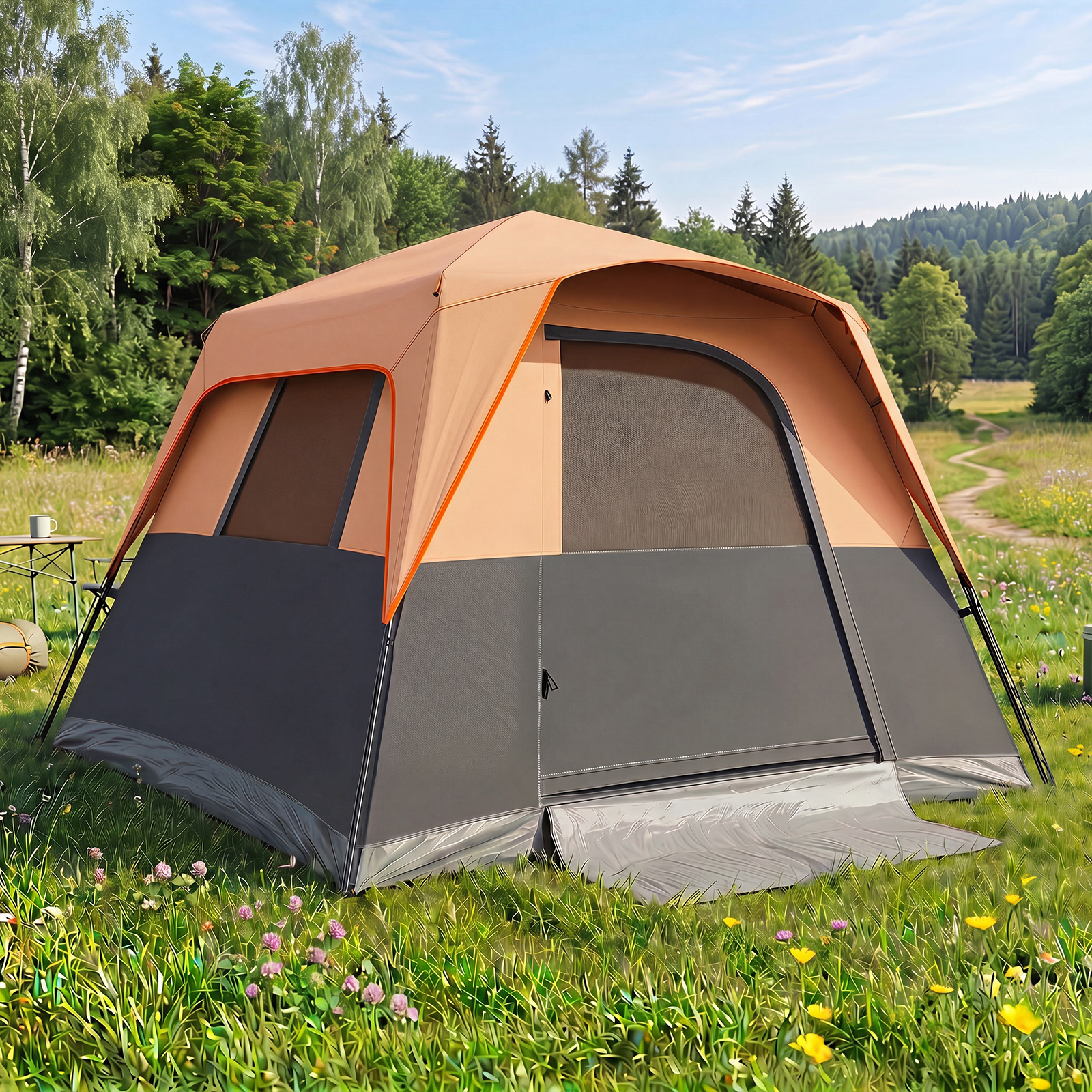 Tragbares Campingzelt für 6 Personen mit Sonnenschutz Wasserfestes Pop-up Zelt mit Tragetasche Orange