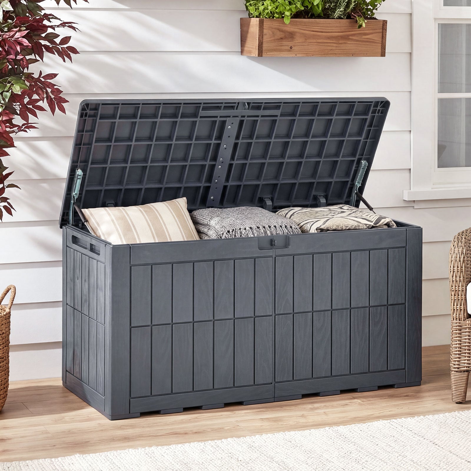 Wetterfeste Auflagenbox 380L Outdoor Aufbewahrungsbox mit Abschließbarem Deckel Grau