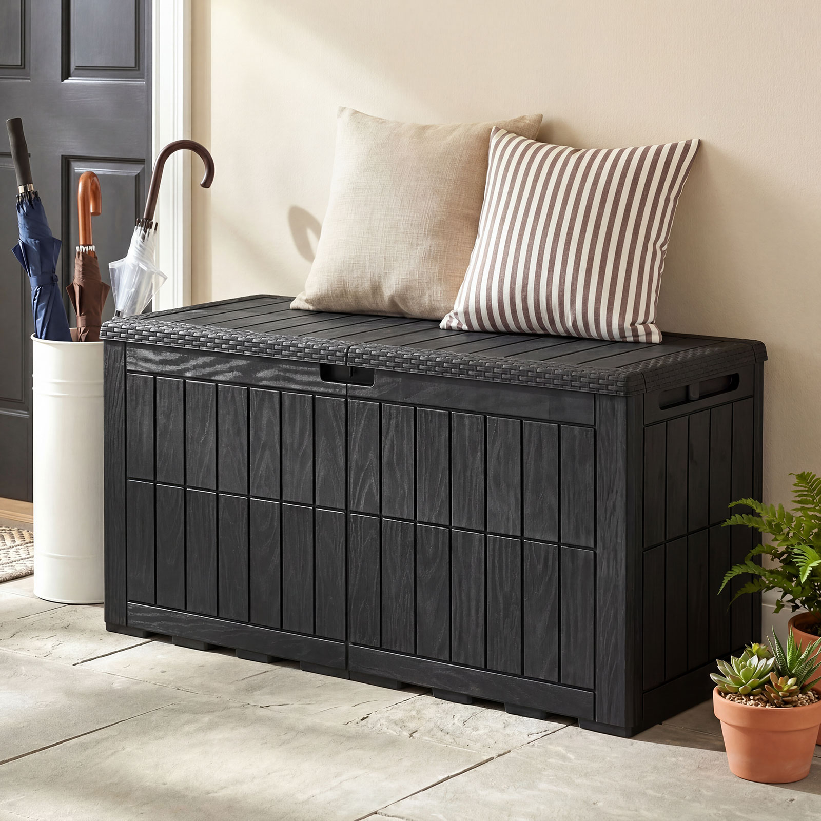Wetterfeste Auflagenbox 380L Outdoor Aufbewahrungsbox mit Abschließbarem Deckel Schwarz