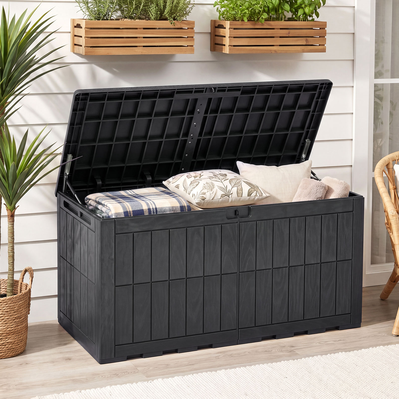 Wetterfeste Auflagenbox 455L Outdoor Aufbewahrungsbox mit Abschließbarem Deckel & Gasdruckfedern Schwarz