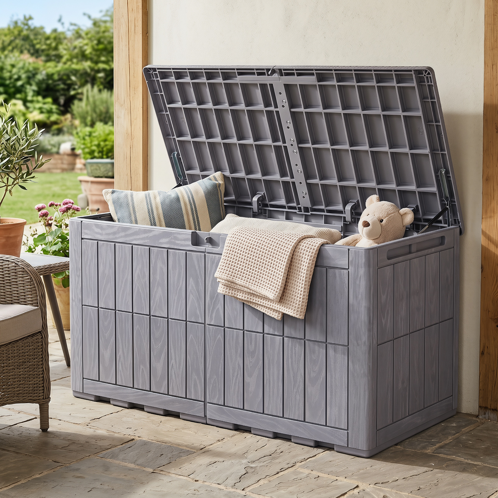 Wetterfeste Auflagenbox 455L Outdoor Aufbewahrungsbox mit Abschließbarem Deckel Hellgrau