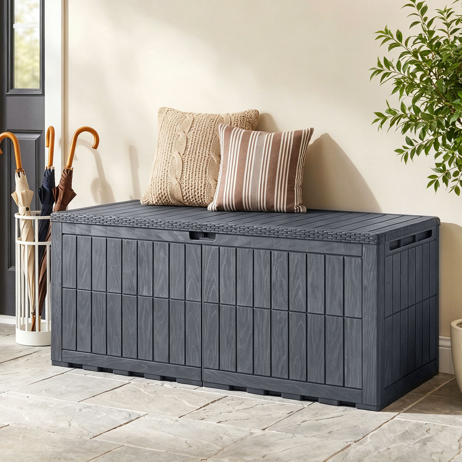 Wetterfeste Auflagenbox 680L Outdoor Aufbewahrungsbox mit Abschließbarem Deckel & Gasdruckfedern Grau