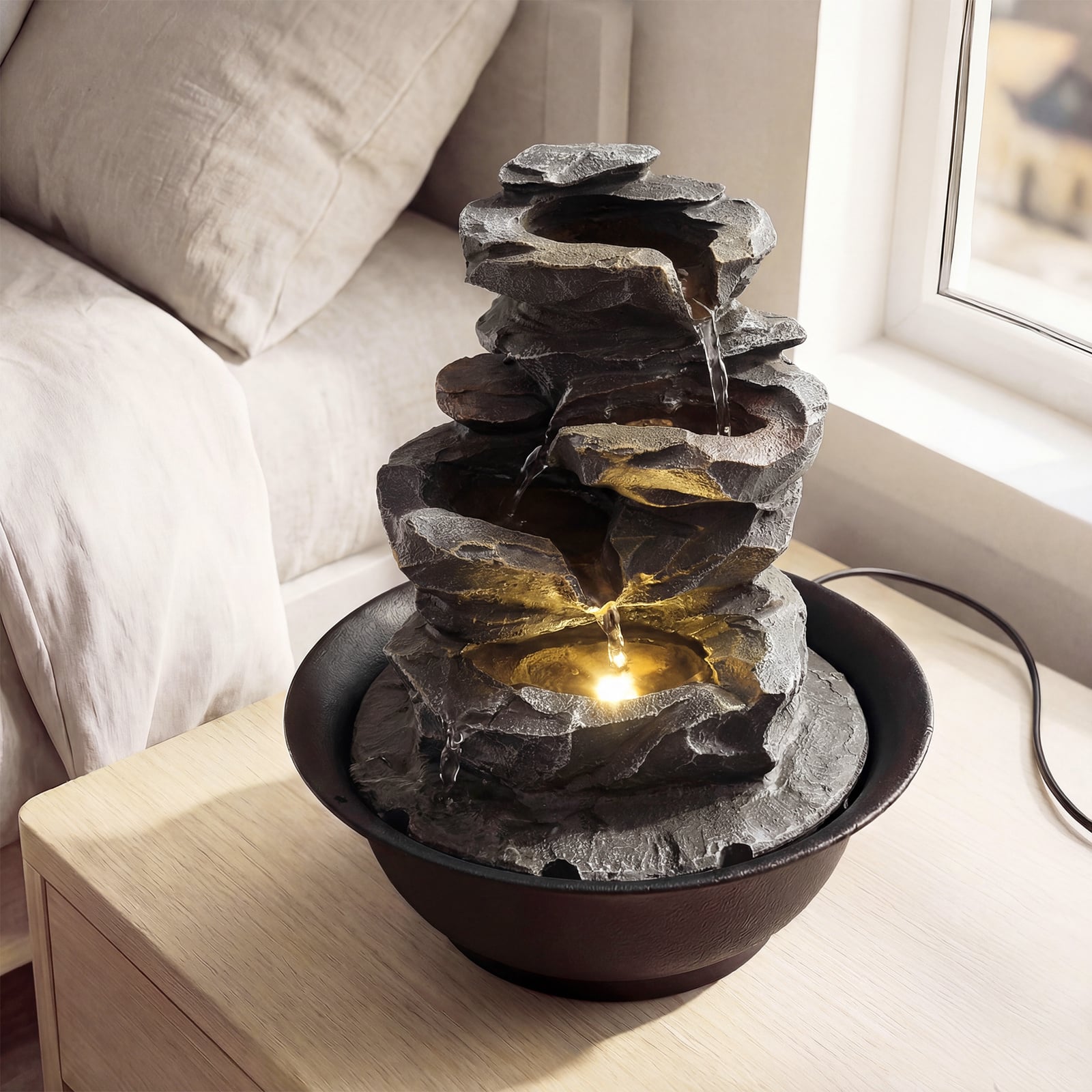 Zimmerbrunnen Wasserfall Tischbrunnen mit Steineffekt Farbigem LED-Licht Zen Wasserbrunnen 21,5 x 26 cm