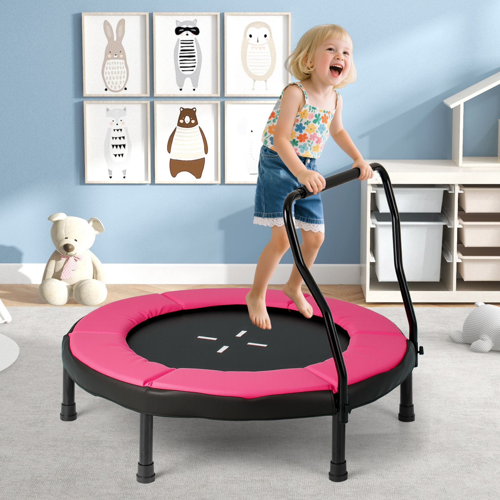 Ø102 cm Kinder Trampolin Fitness-Trampolin Indoor mit abnehmbarer Haltegriff Minitrampolin bis 100 kg belastbar Rosa