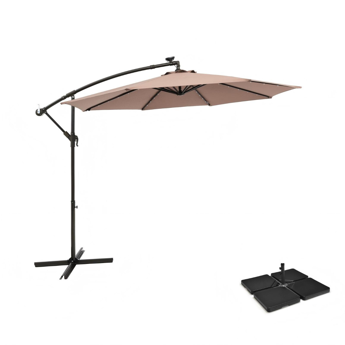 Sonnenschirmständer 52 Liter / 78 kg + Sonnenschirm mit 40 Solar-LED-Leuchten Set Hellbraun