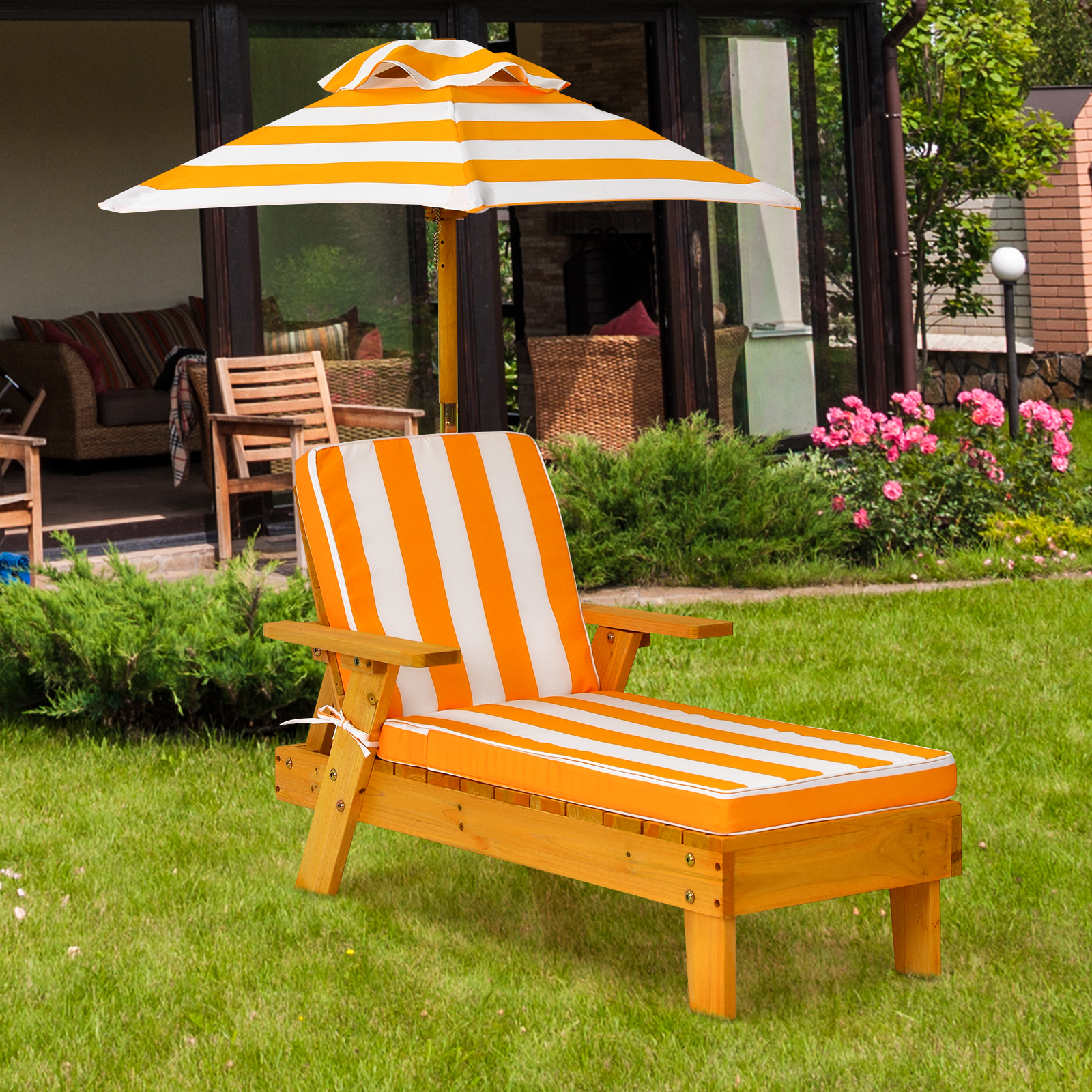 Kinder Sonnenliege mit Sonnenschirm Kinderliege Holz 92 x 49 x 106 cm Gelb + Weiß