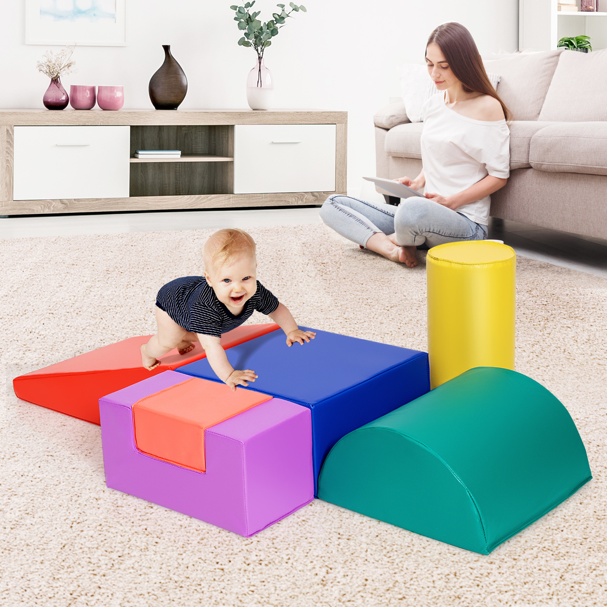 6 STK. Schaumstoffbausteine Riesenbausteine zum Toben und Klettern Softbausteine aus Schaumstoff Rot