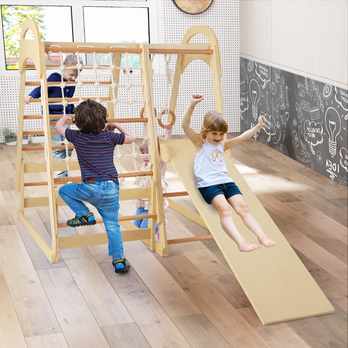 6 in 1 Turnringen & Kletterfelsen & Kletternetz & Leiter & Pull Up Bar & Spielzelt Klettergerüst Natur