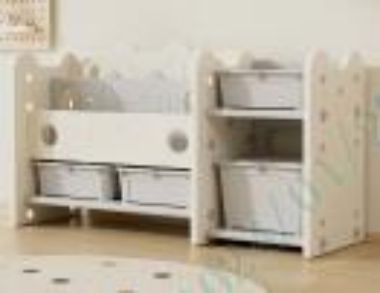 2 in 1 Kinder Spielzeugregal mit Bücherregal 2-stufiges Kinderbuchregal mit 4 Aufbewahrungsboxen Weiß