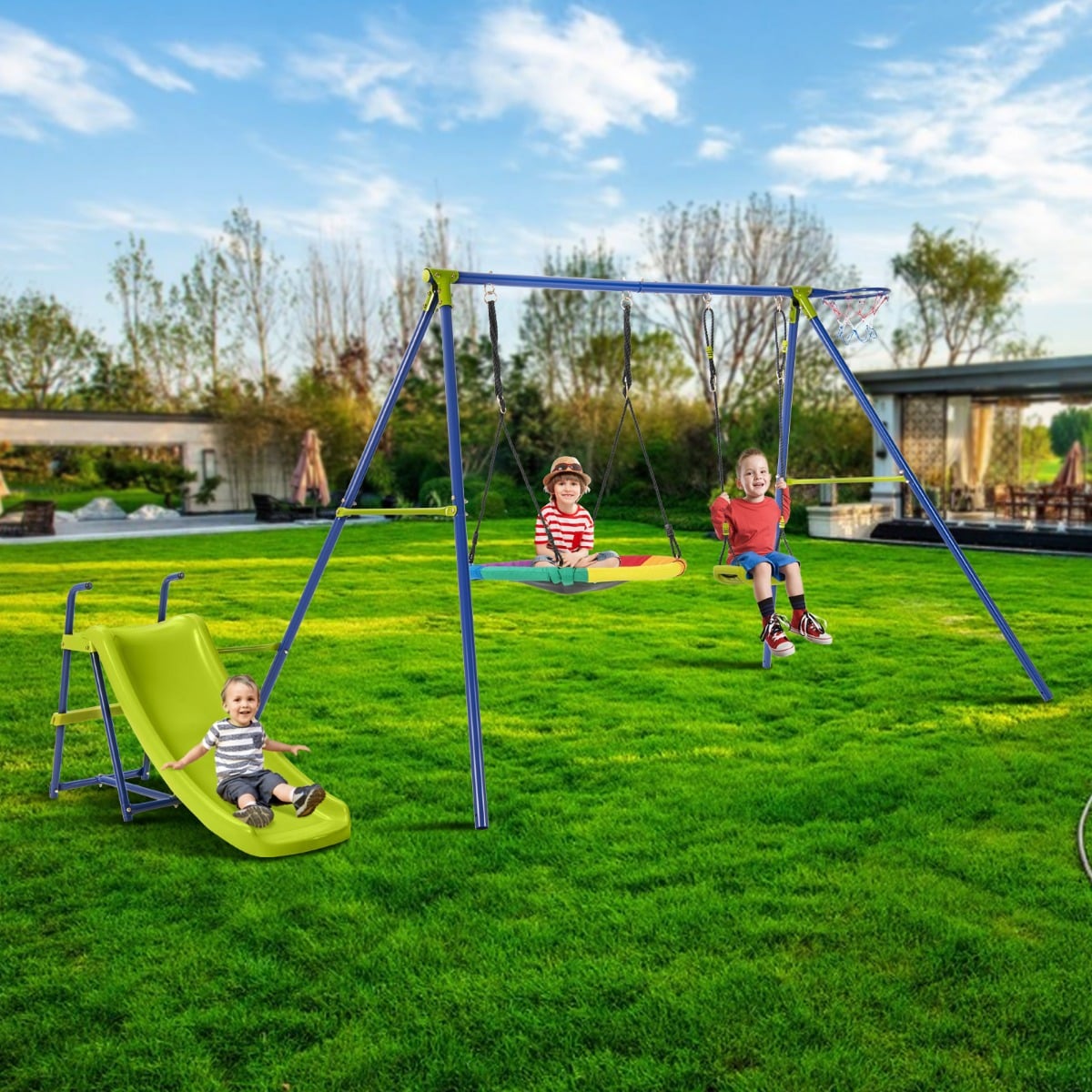 4-in-1-Schaukelset für 3-12 Jährige Robustes Spielset aus Metall mit Rutsche