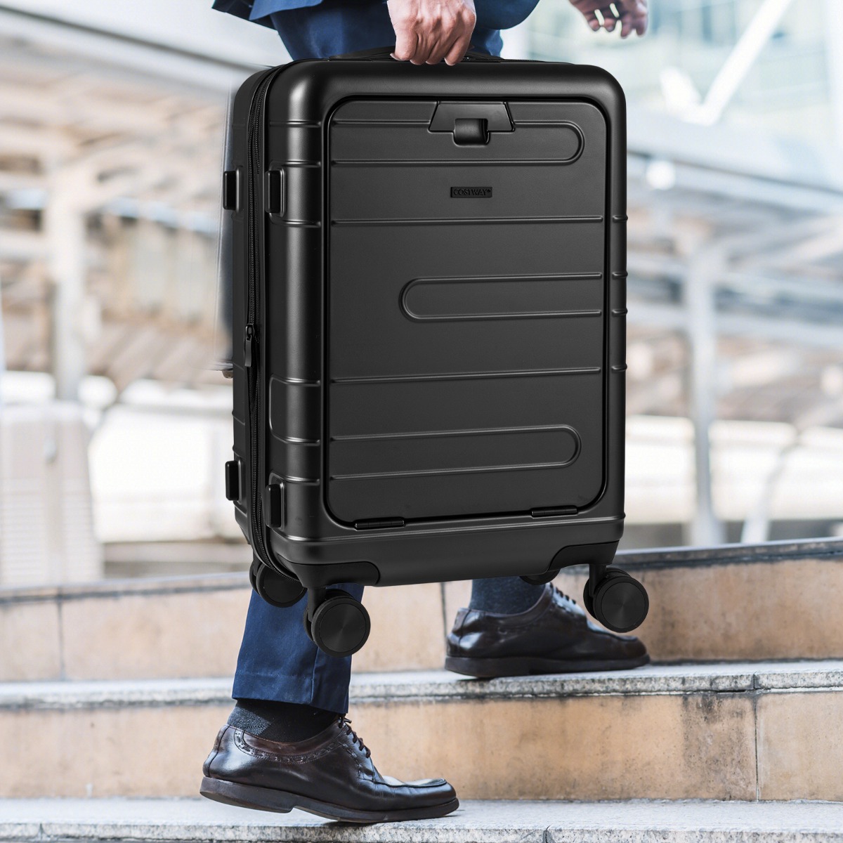 Erweiterbarer Reisekoffer leichter PC-Hartschalenkoffer mit Frontfach 20 Zoll Flugzeugtaugliches Rollgepäck Schwarz