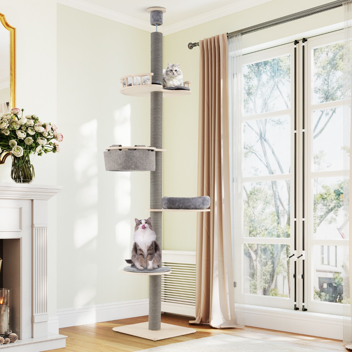 Boden bis Decke Kratzbaum mit 236-271 cm verstellbarer Höhe 5-stufiger Katzenkratzbaum mit Plattform Grau