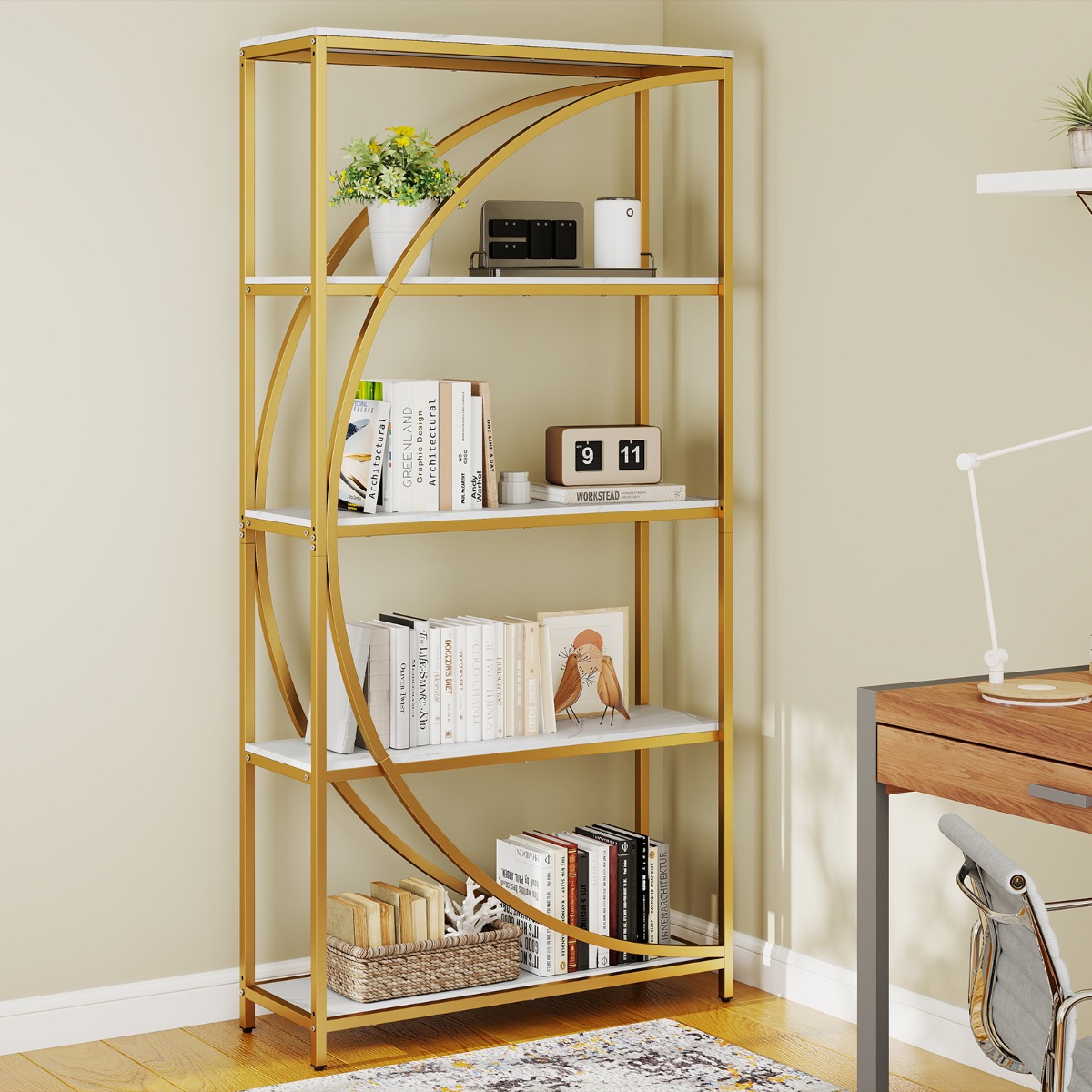 Geometrisches Bücherregal mit Offenen Holzregale & Metallrahmen Büroregal Standregal Gold & Weiß