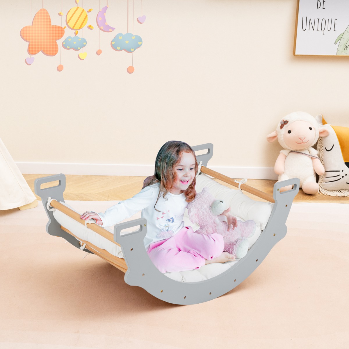 Kletterbogen aus Holz mit Weichem Kissen zum Wippen & Klettern & Krabbeln Klettergerüst Grau