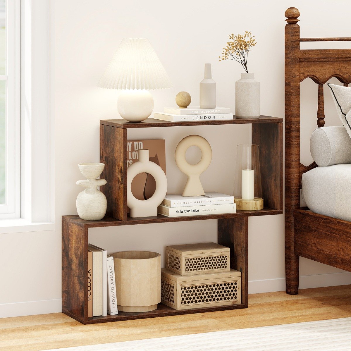 3-stöckiges geometrisches Bücherregal freistehendes Holzregal mit 2 würfelförmigen Fächern Braun