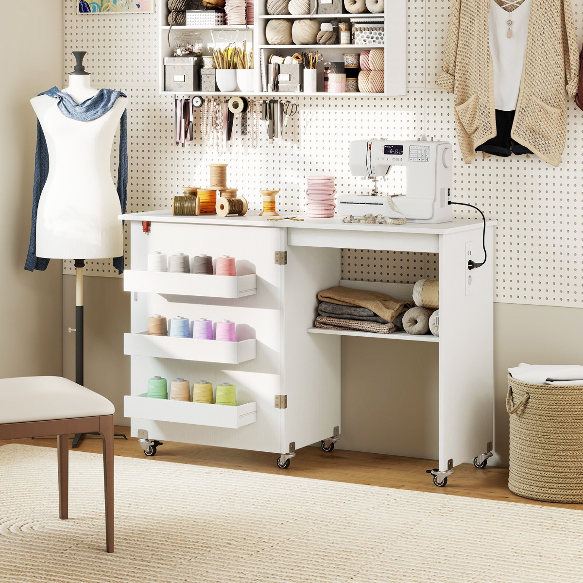 Klappbarer Nähtisch mit Ladestation klappbarer Bastelwagen mit Regal & Schubladen Weiß