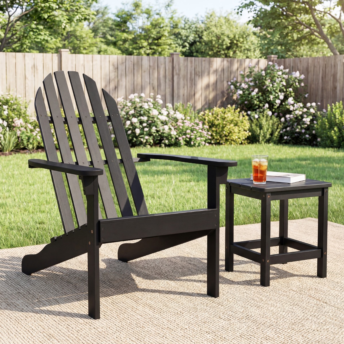 Adirondack Stuhl Gartenstuhl aus Akazienholz mit geneigtem Sitz & hoher Rückenlehne Schwarz