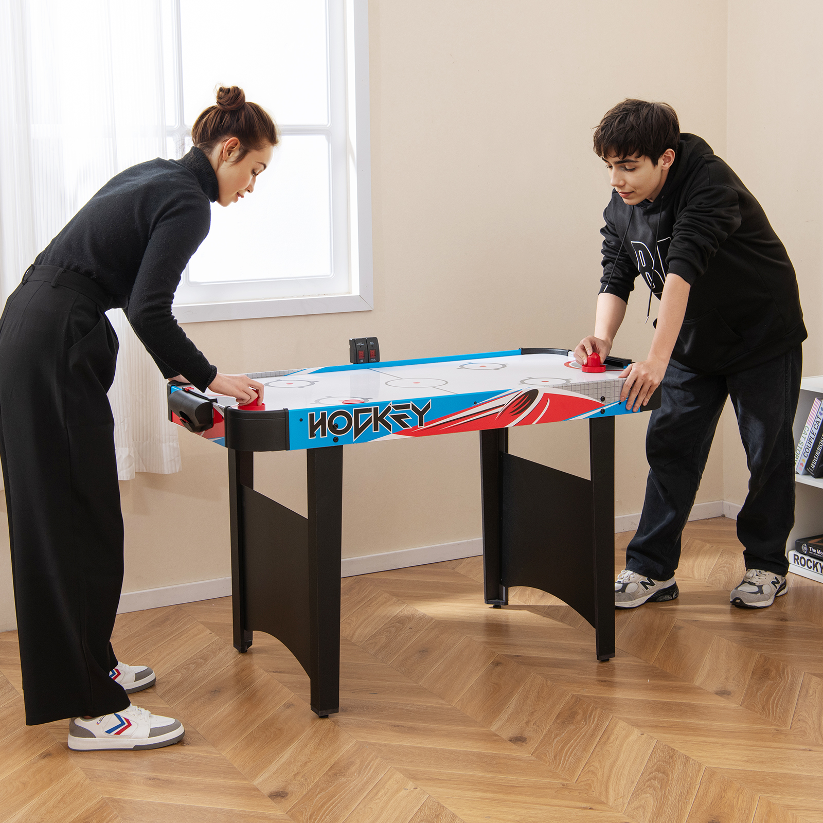 Airhockey Tisch Elektrisch Air Hockey Spieltisch mit LED-Anzeigetafel Lufthockey Tisch 130 x 61 x 76 cm