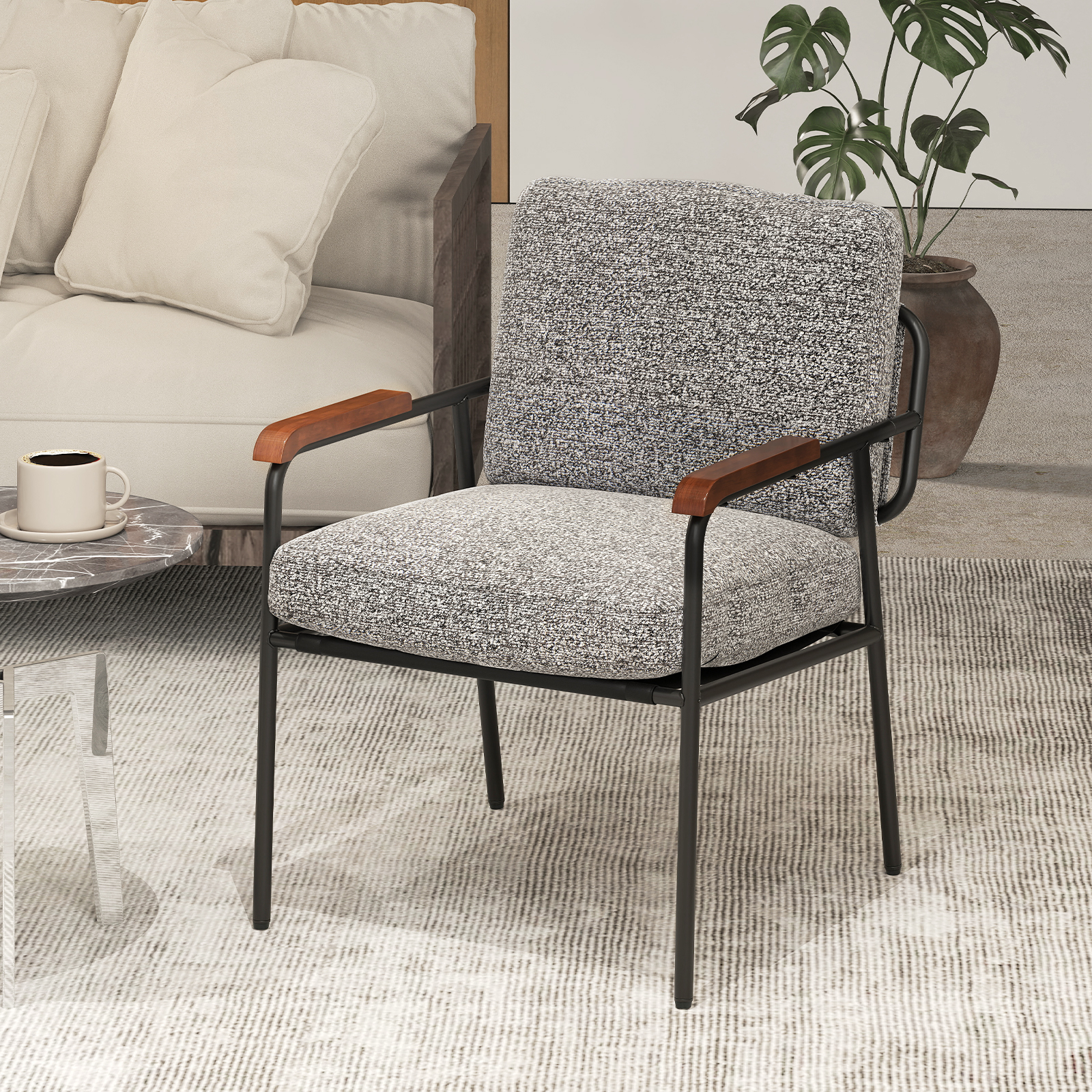 Akzentstuhl mit Rückenkissen & Breiter Gepolsterter Sitz Wohnzimmerstuhl Lesesessel Grau