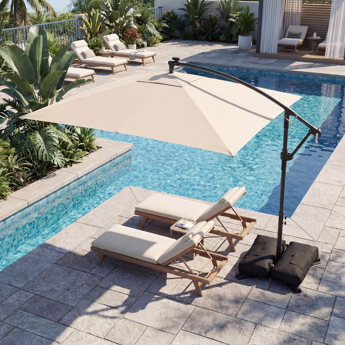Rechteckiger Sonnenschirm mit Ständer & LED-Leuchten & Kurbel 360° Drehbar Ampelschirm Beige
