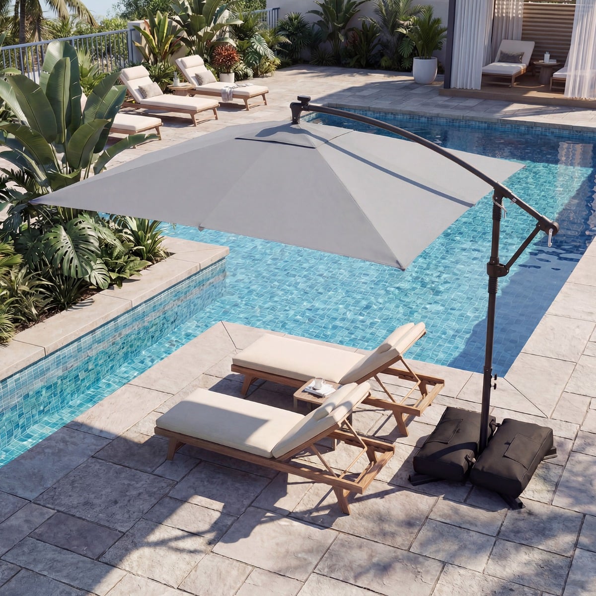 Rechteckiger Sonnenschirm mit Ständer & LED-Leuchten & Kurbel 360° Drehbar Ampelschirm Grau