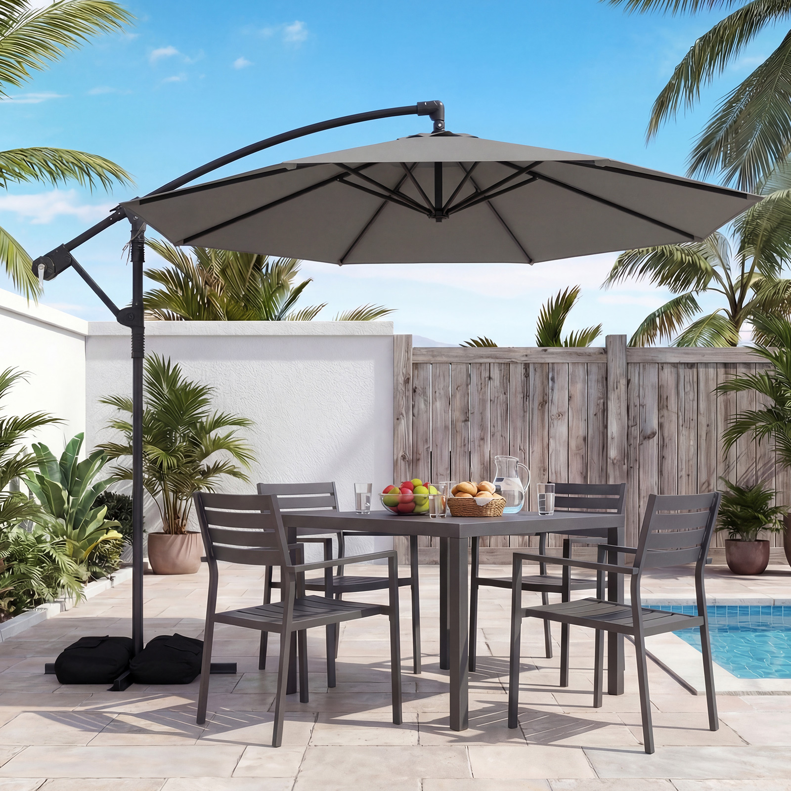 Sonnenschirm mit Ständer & Kurbel 300 cm Ampelschirm 360° Drehbar Gartenschirm Grau