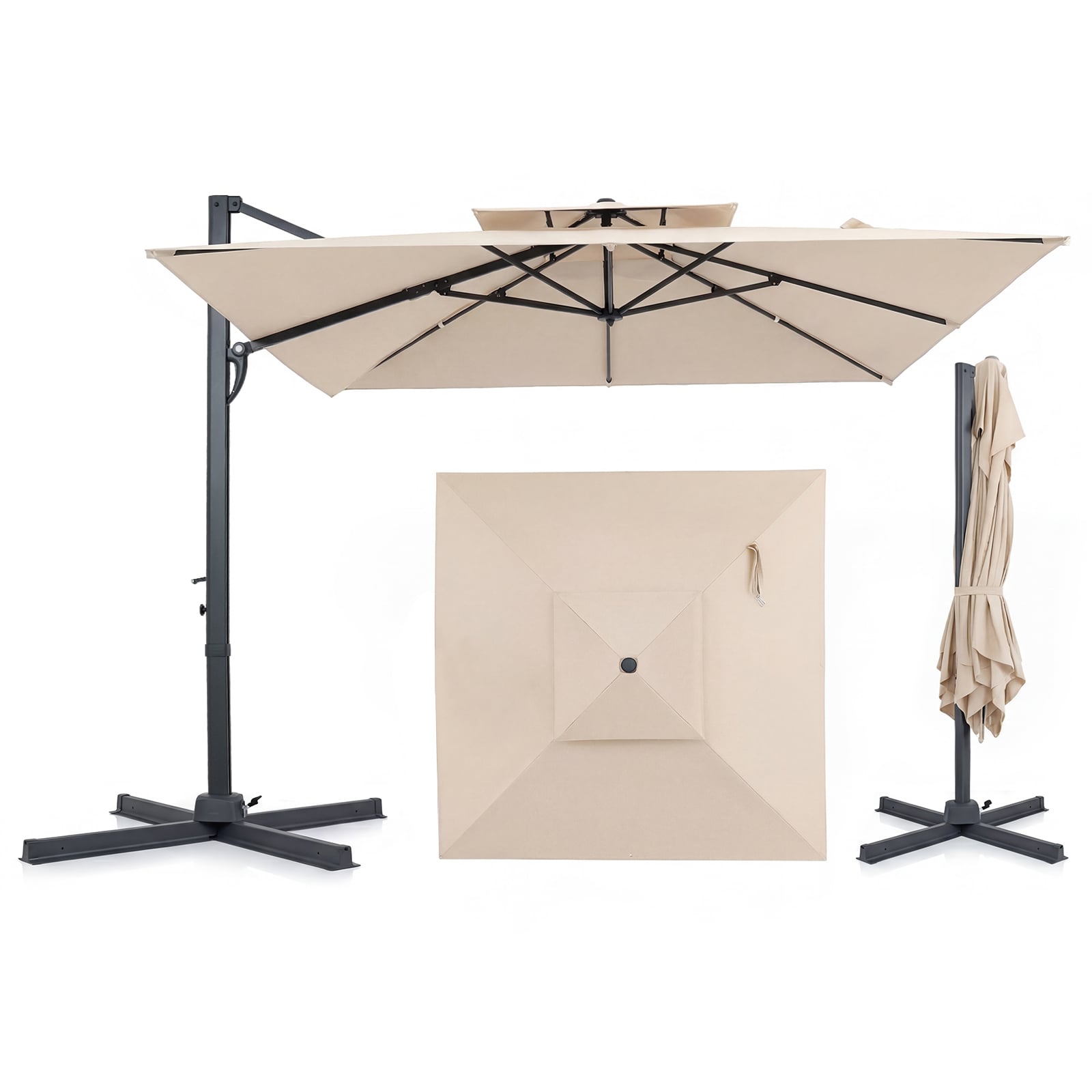 Ampelschirm 300 x 300 cm Quadratischer Sonnenschirm mit Fußpedal & Kurbel 360° Drehbar Beige