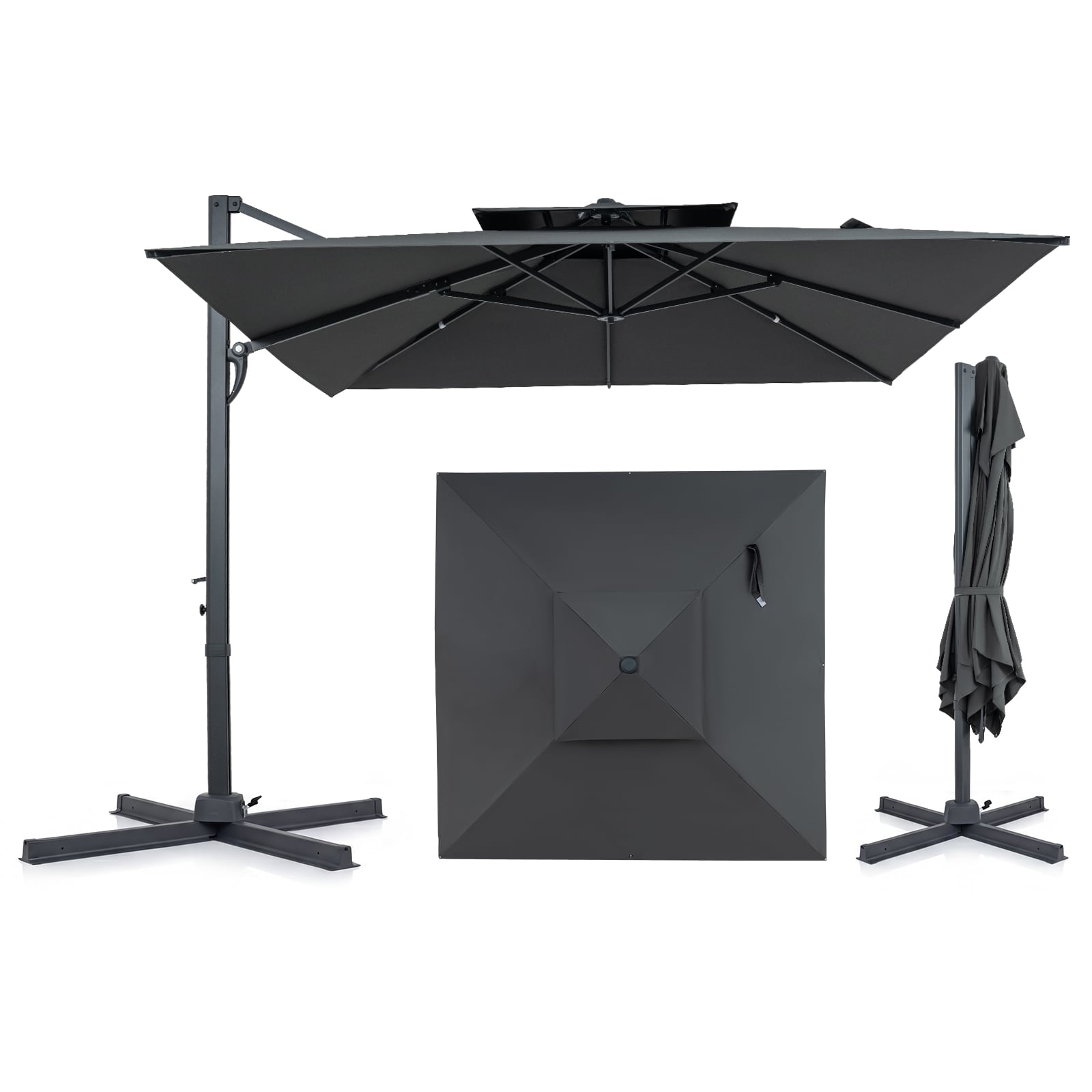 Ampelschirm 300 x 300 cm Quadratischer Sonnenschirm mit Fußpedal & Kurbel 360° Drehbar Grau