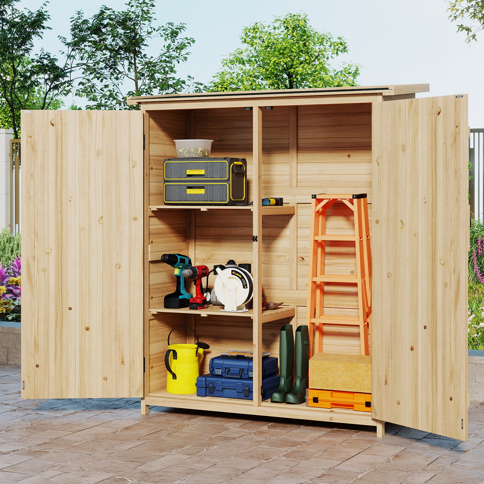 Außenschuppen für Aufbewahrung Massives Holz-Gerätehaus mit Wasserfestem Schrägdach aus Asphalt Natur